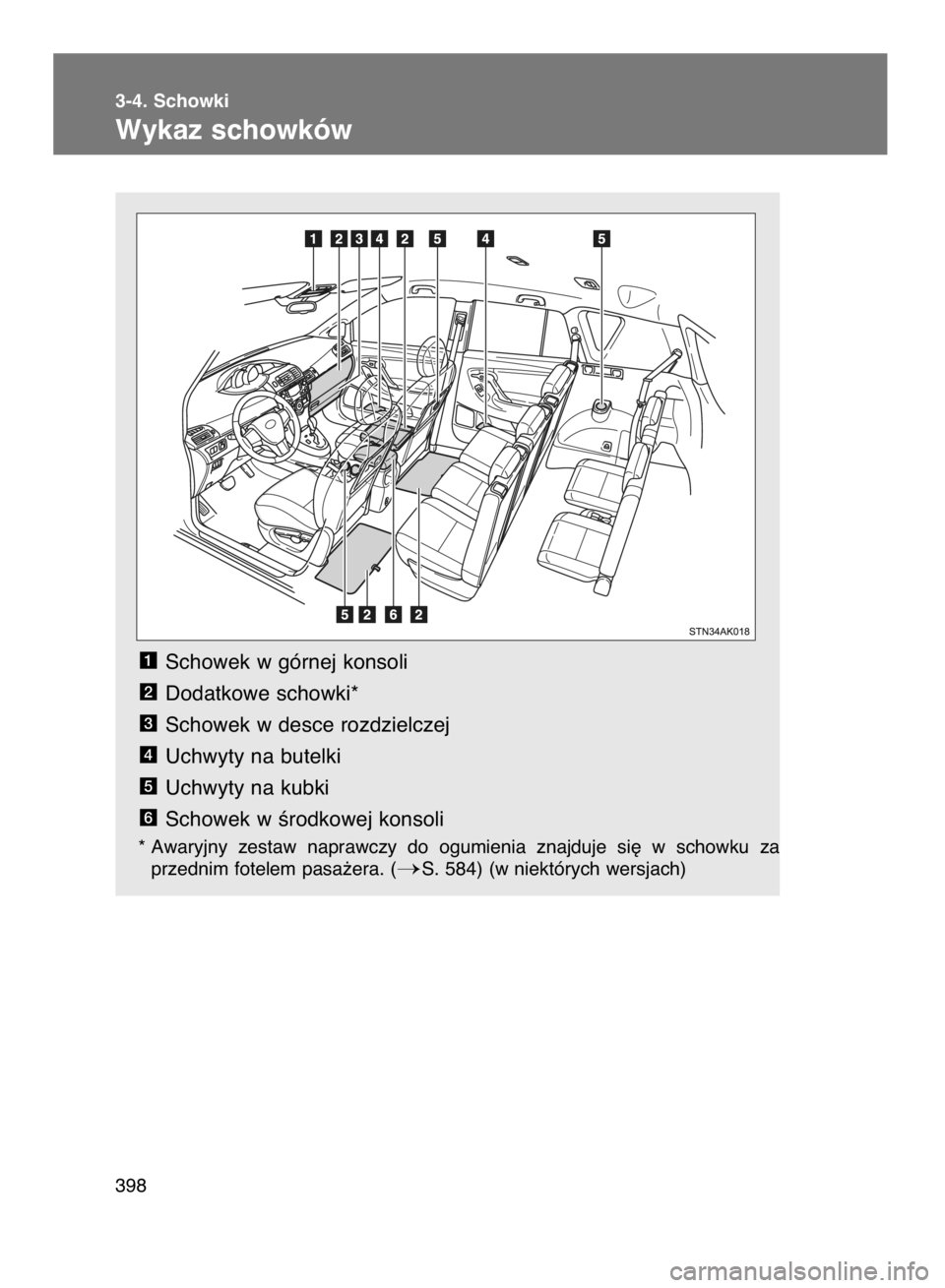 TOYOTA VERSO 2017  Instrukcja obsługi (in Polish) Schowek w górnej konsoli
Dodatkowe schowki*
Schowek w desce rozdzielczej
Uchwyty na butelki
Uchwyty na kubki
Schowek w Êrodkowej konsoli
* Awaryjny  zestaw  naprawczy  do  ogumienia  znajduje  si´ 
