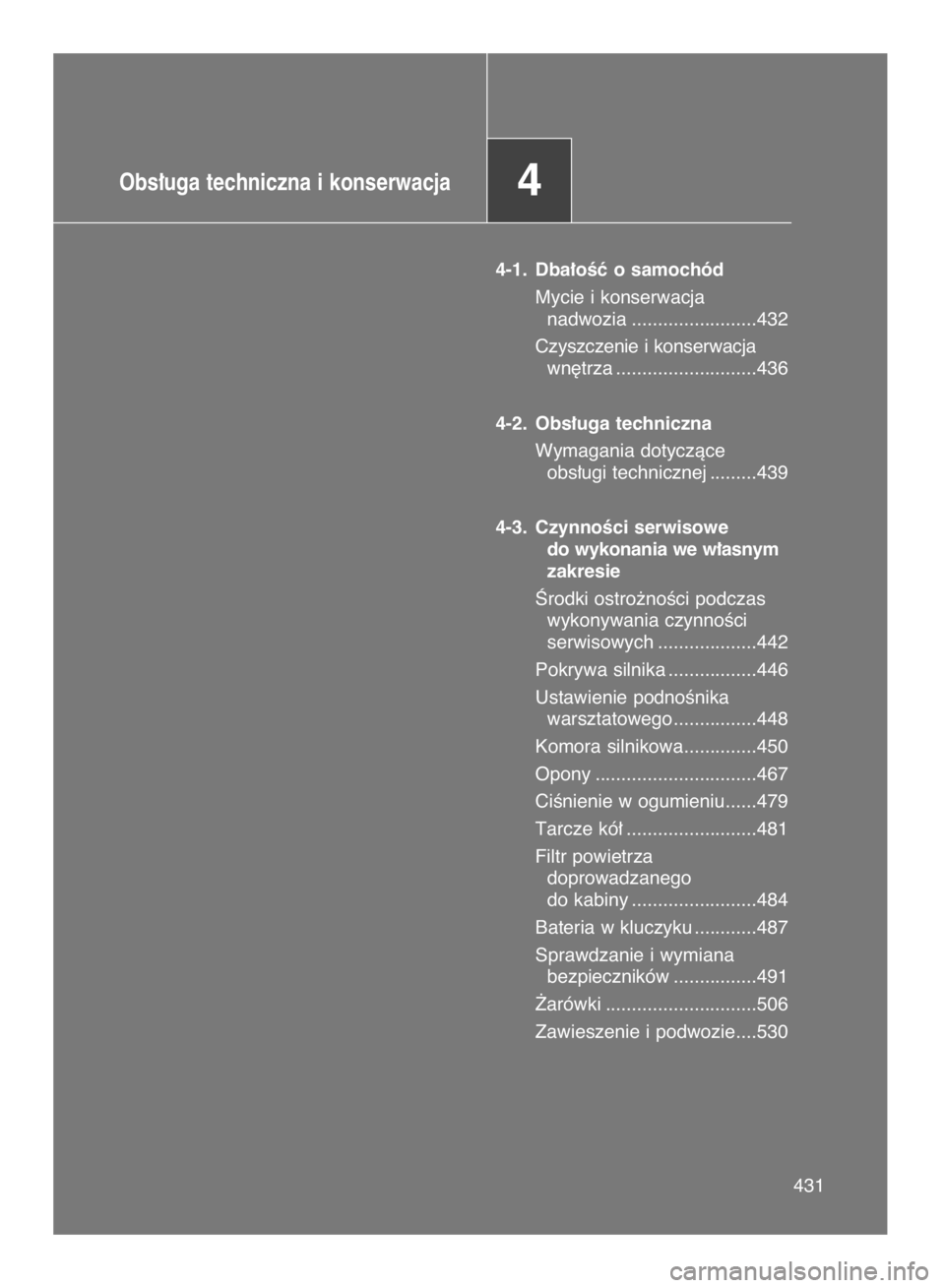 TOYOTA VERSO 2017  Instrukcja obsługi (in Polish) 431431
Obs∏uga techniczna i konserwacja4
4-1. Dba∏oÊç o samochód
Mycie i konserwacja 
nadwozia ........................432
Czyszczenie i konserwacja
wn´trza ...........................436
4-2.