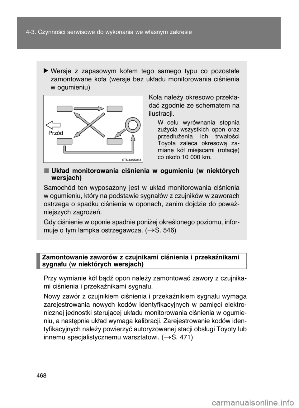 TOYOTA VERSO 2017  Instrukcja obsługi (in Polish) óWersje  z zapasowym  ko∏em  tego  samego  typu  co  pozosta∏e 
zamontowane  ko∏a  (wersje  bez  uk∏adu  monitorowania  ciÊnienia
w ogumieniu)
Ko∏a  nale˝y  okresowo  przek∏a-
daç zgod