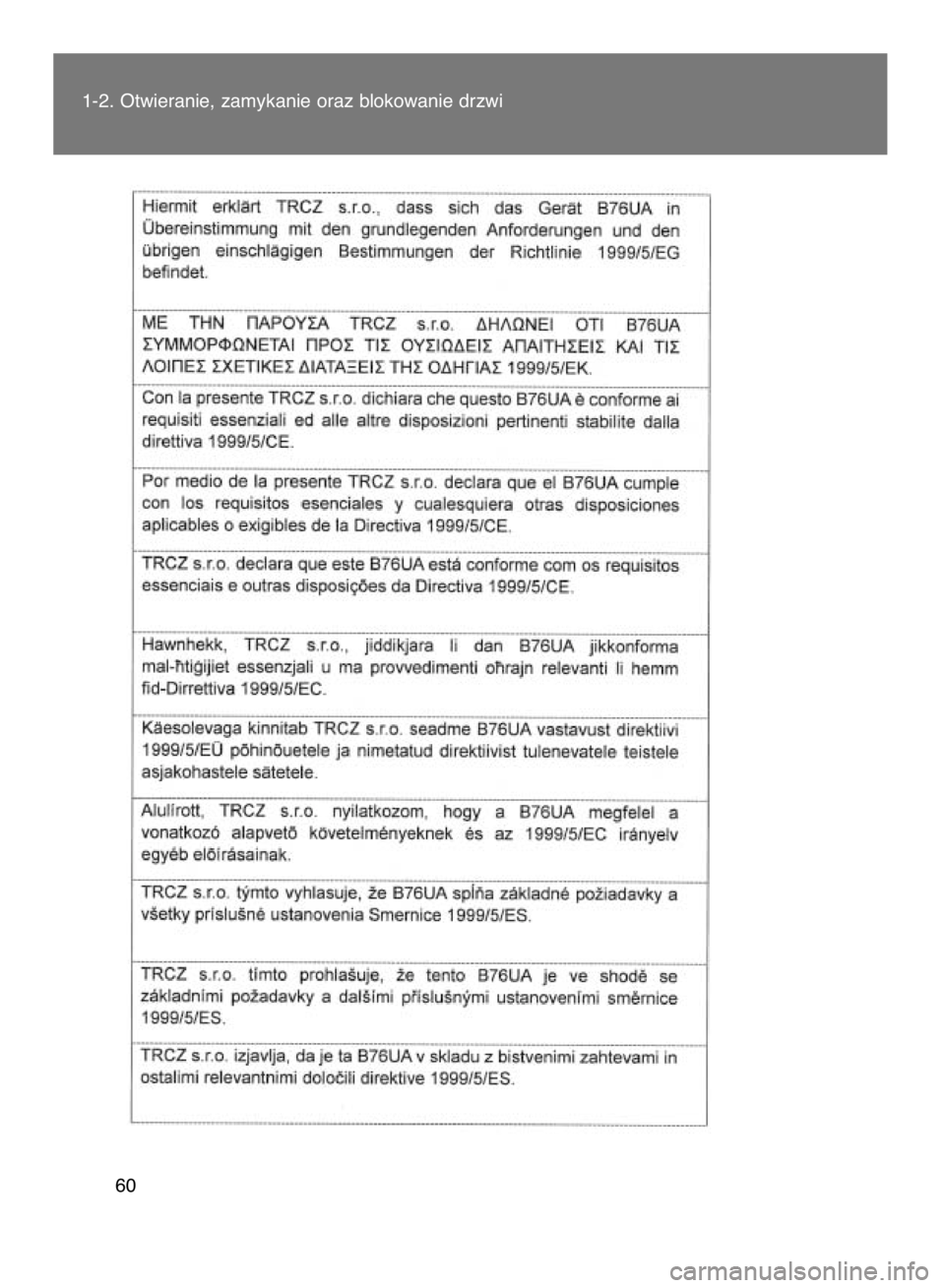 TOYOTA VERSO 2017  Instrukcja obsługi (in Polish) 1-2. Otwieranie, zamykanie oraz blokowanie drzwi
60
11 IO VERSO OM64517E  4/6/17  11:38 AM  Page 60    (Black plate) 