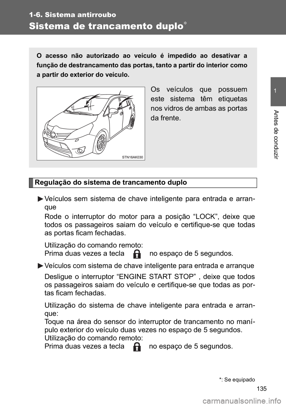 TOYOTA VERSO 2017  Manual de utilização (in Portuguese) ���
�
1-6. Sistema antirroubo
�$�Q�W�H�V��G�H��F�R�Q�G�X�]�L�U
Sistema de trancamento duplo∗
�5�H�J�X�O�D�o�m�R��G�R��V�L�V�W�H�P�D��G�H��W�U�D�Q�F�D�P�H�Q�W�R��G�X�S�O�R
�9�H�t�F�X�O�R�V