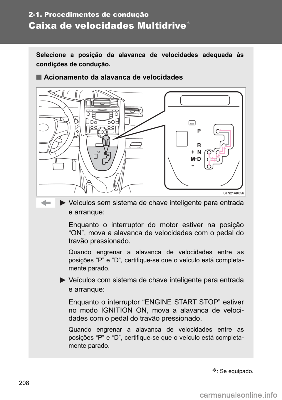 TOYOTA VERSO 2017  Manual de utilização (in Portuguese) ���
2-1. Procedimentos de condução
Caixa de velocidades Multidrive∗
∗���6�H��H�T�X�L�S�D�G�R�
�6�H�O�H�F�L�R�Q�H� �D� �S�R�V�L�o�m�R� �G�D� �D�O�D�Y�D�Q�F�D� �G�H� �Y�H�O�R�F�L�G�D�