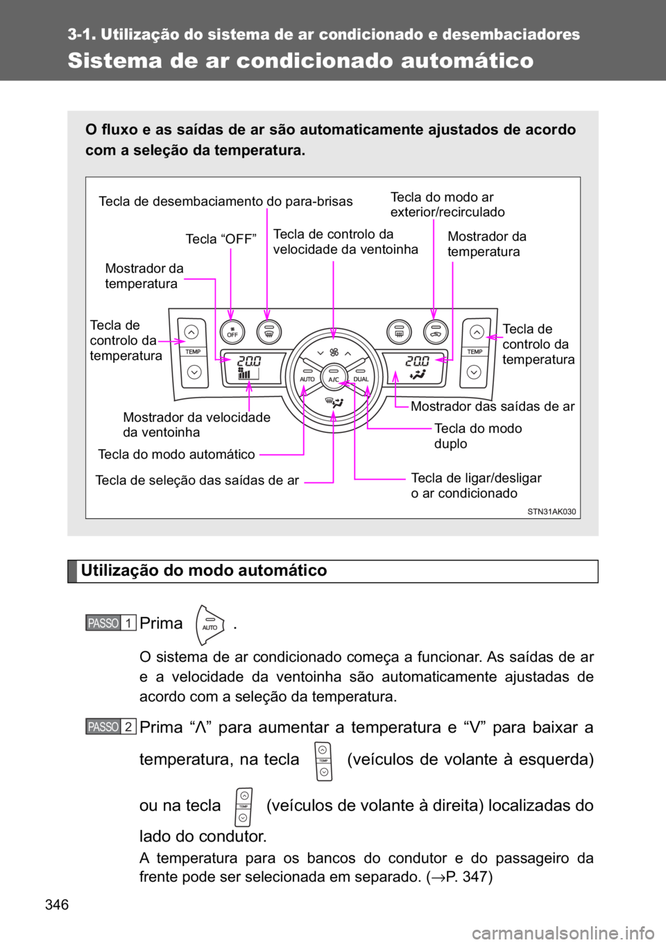 TOYOTA VERSO 2017  Manual de utilização (in Portuguese) ���
3-1. Utilização do sistema de ar condicionado e desembaciadores
Sistema de ar condicionado automático
�8�W�L�O�L�]�D�o�m�R��G�R��P�R�G�R��D�X�W�R�P�i�W�L�F�R
�3�U�L�P�D� �
�2��V�L�V�W�