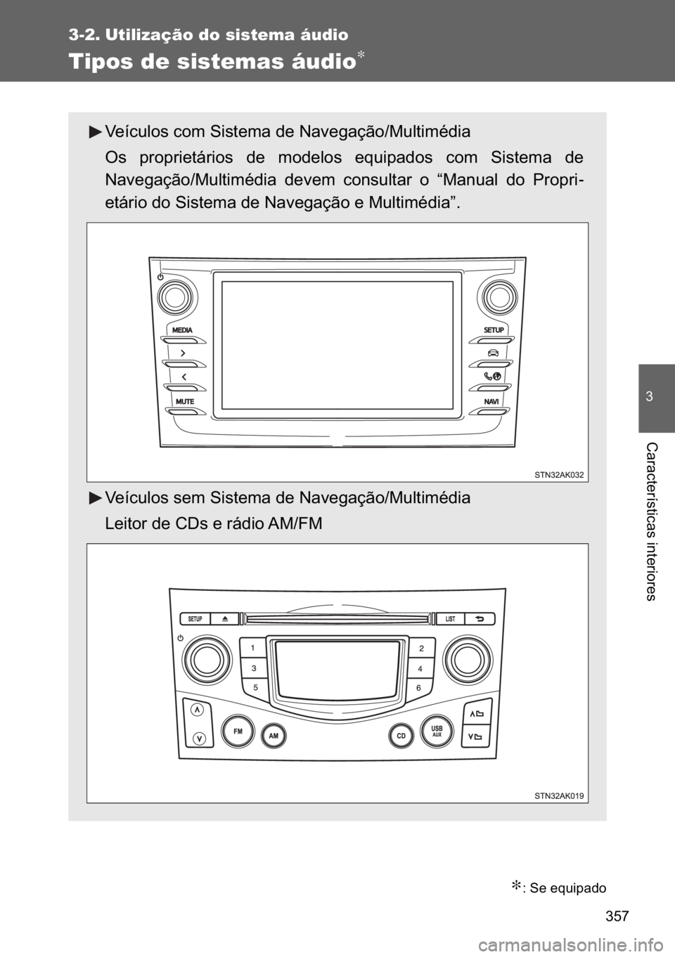 TOYOTA VERSO 2017  Manual de utilização (in Portuguese) ���
�
�&�D�U�D�F�W�H�U�t�V�W�L�F�D�V��L�Q�W�H�U�L�R�U�H�V
3-2. Utilização do sistema áudio
Tipos de sistemas áudio∗
∗���6�H��H�T�X�L�S�D�G�R
�9�H�t�F�X�O�R�V��F�R�P��6�L�V�W�H�P�D��