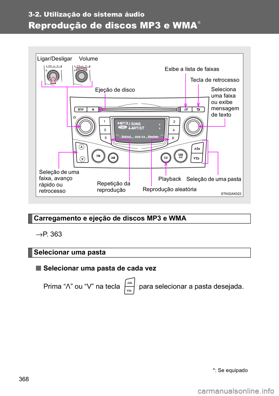 TOYOTA VERSO 2017  Manual de utilização (in Portuguese) ���
3-2. Utilização do sistema áudio
Reprodução de discos MP3 e WMA∗
�&�D�U�U�H�J�D�P�H�Q�W�R��H��H�M�H�o�m�R��G�H��G�L�V�F�R�V��0�3���H��:�0�$�
→�3�����
�6�H�O�H�F�L�R�Q�D�U