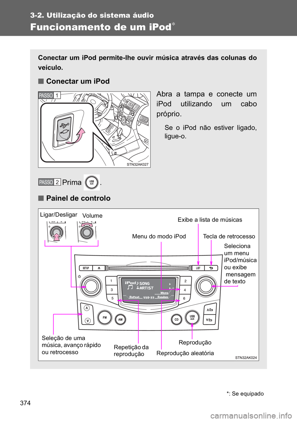 TOYOTA VERSO 2017  Manual de utilização (in Portuguese) ���
3-2. Utilização do sistema áudio
Funcionamento de um iPod∗
�&�R�Q�H�F�W�D�U� �X�P� �L�3�R�G� �S�H�U�P�L�W�H��O�K�H� �R�X�Y�L�U� �P�~�V�L�F�D� �D�W�U�D�Y�p�V� �G�D�V� �F�R�O�X�Q�D�