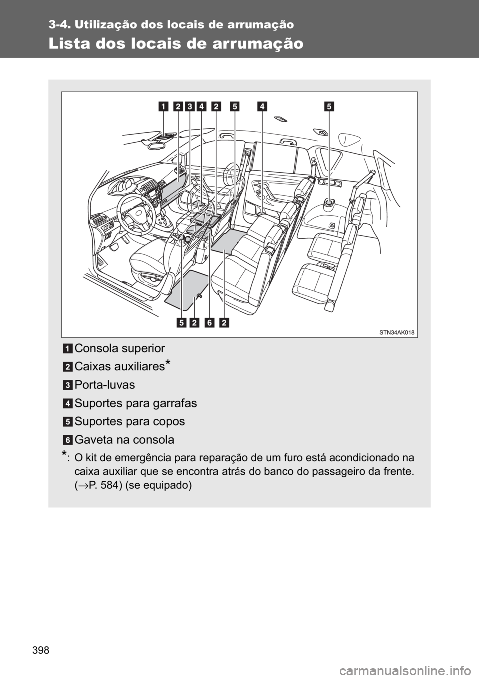 TOYOTA VERSO 2017  Manual de utilização (in Portuguese) ���
3-4. Utilização dos locais de arrumação
Lista dos locais de arrumação
�&�R�Q�V�R�O�D��V�X�S�H�U�L�R�U�
�&�D�L�[�D�V��D�X�[�L�O�L�D�U�H�V
�
�3�R�U�W�D��O�X�Y�D�V
�6�X�S�R�U�W�H�V��S�
