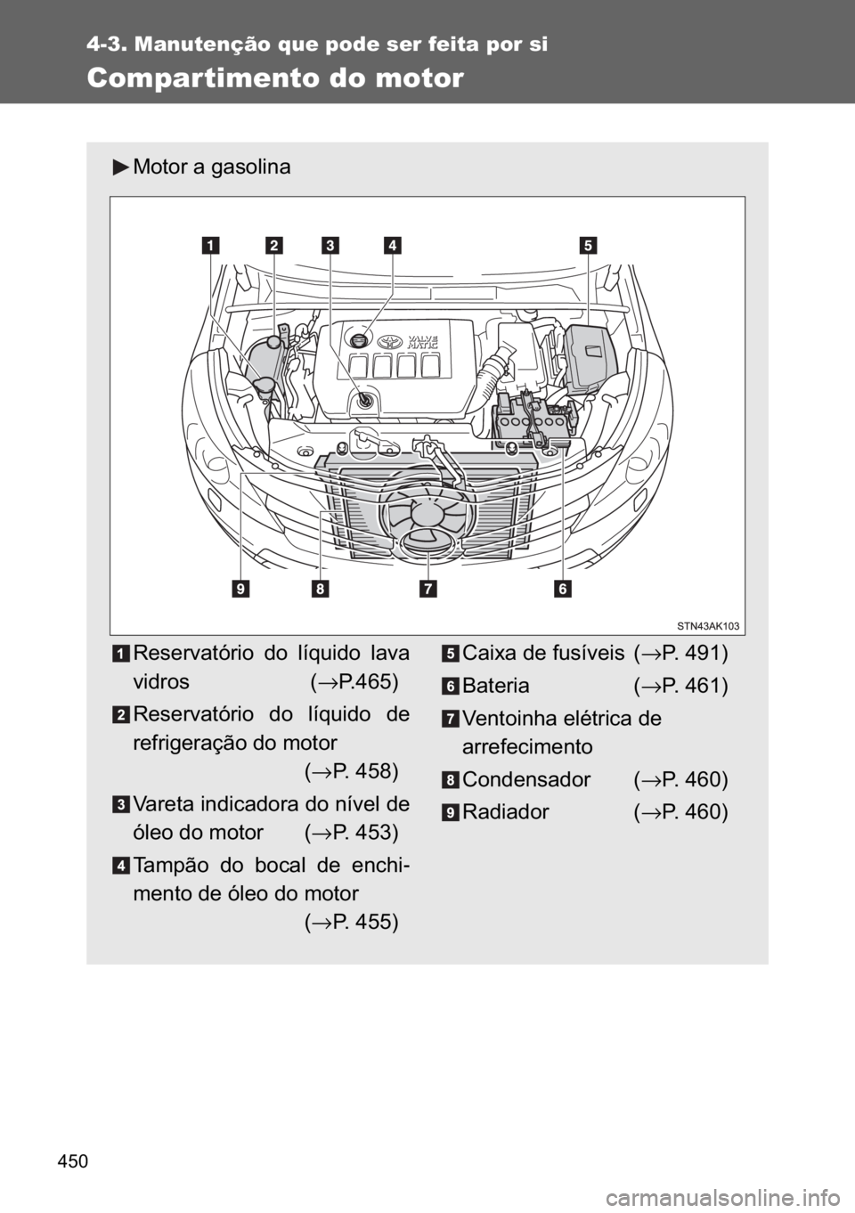 TOYOTA VERSO 2017  Manual de utilização (in Portuguese) ���
4-3. Manutenção que pode ser feita por si
Compartimento do motor
�0�R�W�R�U��D��J�D�V�R�O�L�Q�D
�5�H�V�H�U�Y�D�W�y�U�L�R� �G�R� �O�t�T�X�L�G�R� �O�D�Y�D
�Y�L�G�U�R�V �→�3�����
�5