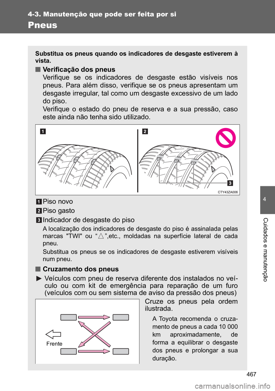 TOYOTA VERSO 2017  Manual de utilização (in Portuguese) ���
4-3. Manutenção que pode ser feita por si
�
�&�X�L�G�D�G�R�V��H��P�D�Q�X�W�H�Q�o�m�R
Pneus
�6�X�E�V�W�L�W�X�D��R�V��S�Q�H�X�V��T�X�D�Q�G�R��R�V��L�Q�G�L�F�D�G�R�U�H�V��G�H��G�H�V�J�