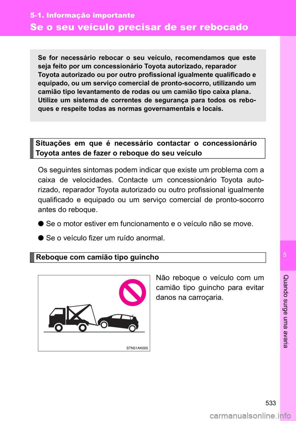 TOYOTA VERSO 2017  Manual de utilização (in Portuguese) �
���
5-1. Informação importante
�4�X�D�Q�G�R��V�X�U�J�H��X�P�D��D�Y�D�U�L�D
Se o seu veículo precisar de ser rebocado  
�2�V��V�H�J�X�L�Q�W�H�V��V�L�Q�W�R�P�D�V��S�R�G�H�P��L�Q�G�L�F�D�