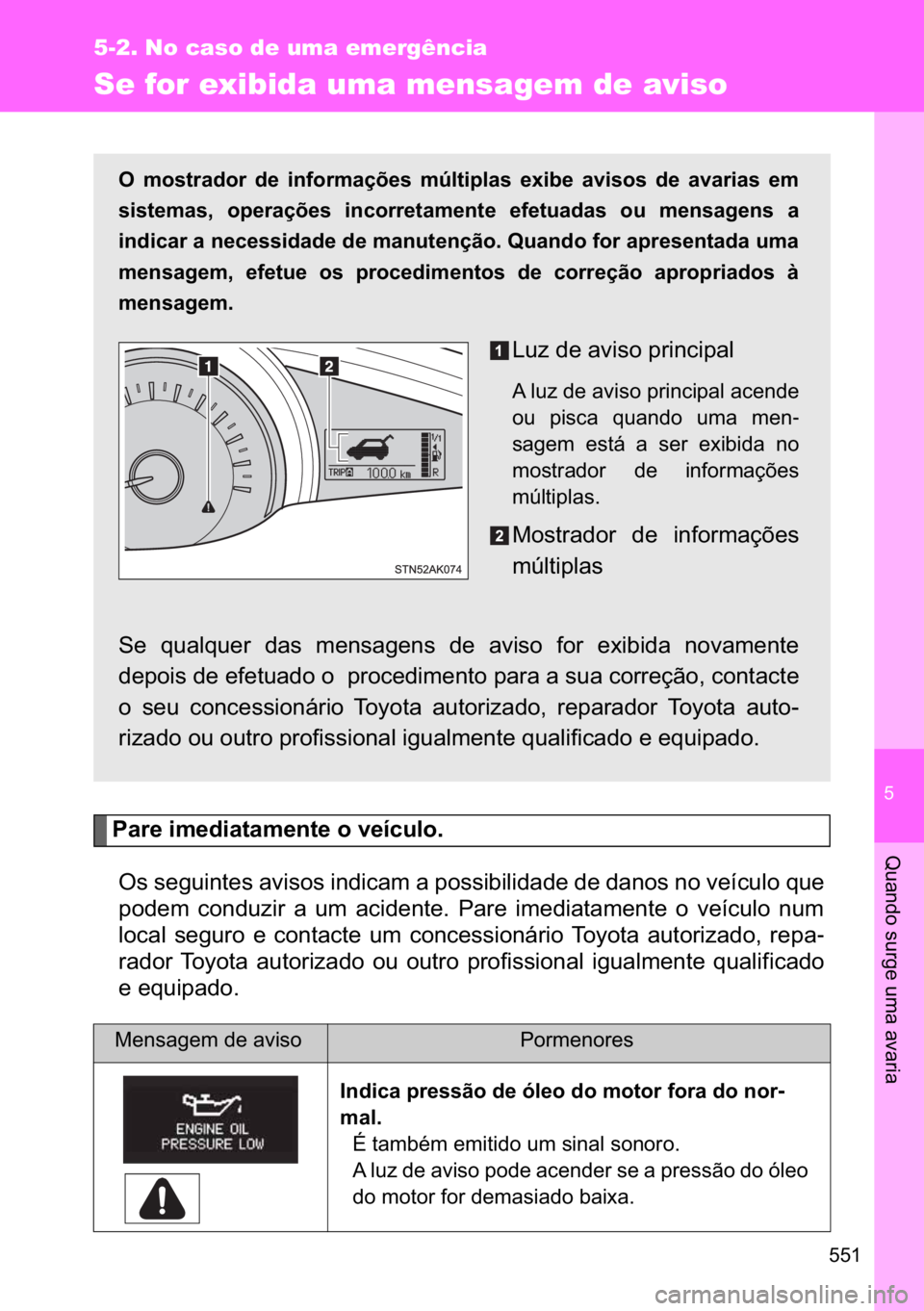 TOYOTA VERSO 2017  Manual de utilização (in Portuguese) �
���
5-2. No caso de uma emergência
�4�X�D�Q�G�R��V�X�U�J�H��X�P�D��D�Y�D�U�L�D
Se for exibida uma mensagem de aviso
�3�D�U�H��L�P�H�G�L�D�W�D�P�H�Q�W�H��R��Y�H�t�F�X�O�R��
�2�V��V�H�J�