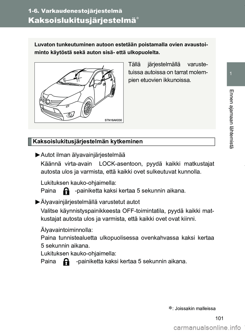TOYOTA VERSO 2017  Omistajan Käsikirja (in Finnish) 101
1
1-6. Varkaudenestojärjestelmä
Ennen ajamaan lähtemistä
OM64517FI
Kaksoislukitusjärjestelmä
Kaksoislukitusjärjestelmän kytkeminenAutot ilman älyavainjärjestelmää
Käännä virta-av