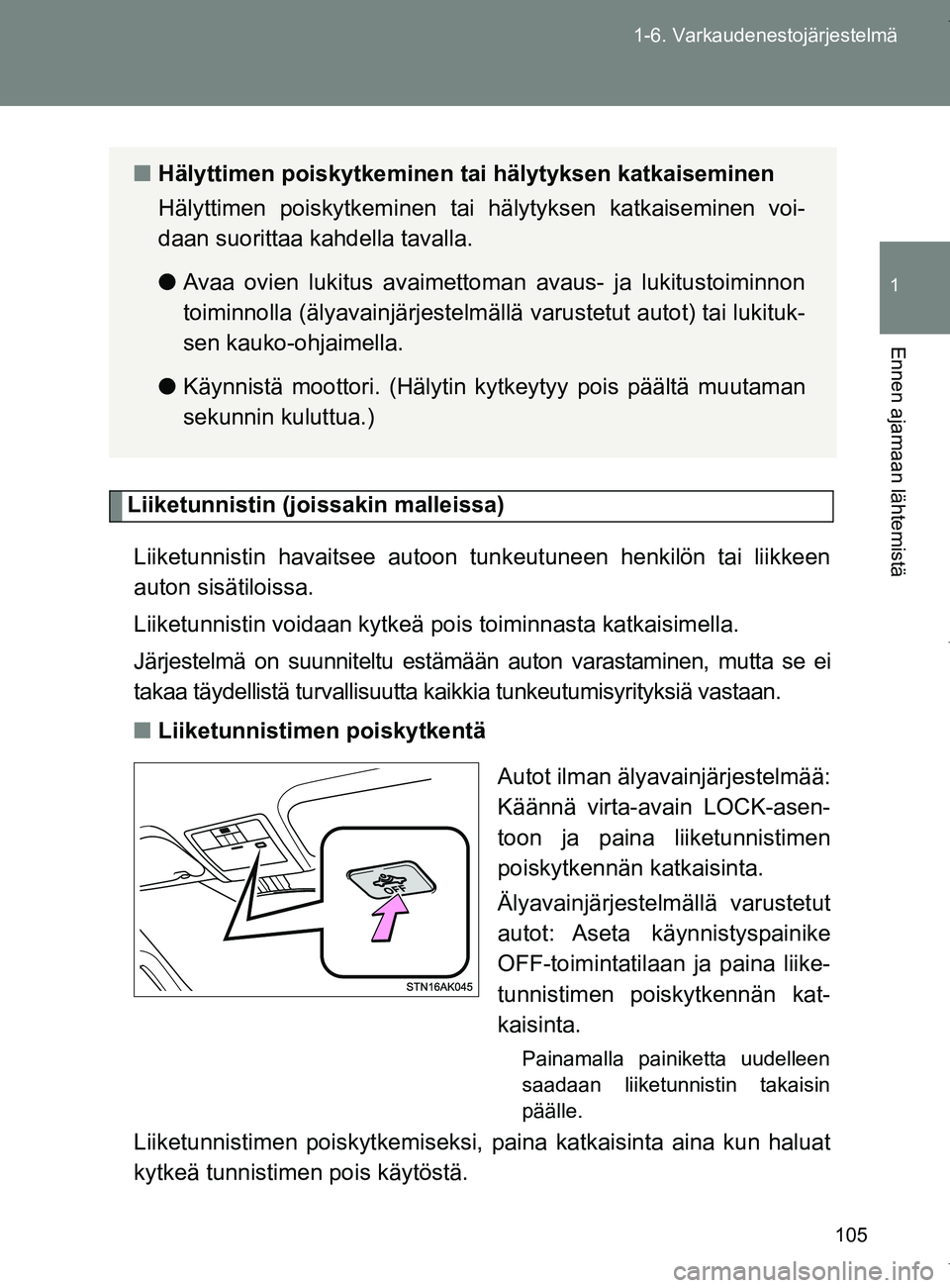 TOYOTA VERSO 2017  Omistajan Käsikirja (in Finnish) 105
1-6. Varkaudenestojärjestelmä
1
Ennen ajamaan lähtemistä
OM64517FI
Liiketunnistin (joi
ssakin malleissa)
Liiketunnistin havaitsee autoon tunkeutuneen henkilön tai liikkeen
auton sisätiloissa
