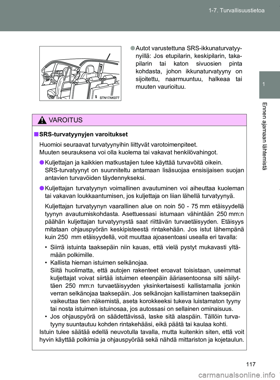 TOYOTA VERSO 2017  Omistajan Käsikirja (in Finnish) 117
1-7. Turvallisuustietoa
1
Ennen ajamaan lähtemistä
OM64517FI
VAROITUS
■
SRS-turvatyynyjen varoitukset
Huomioi seuraavat turvatyynyihin liittyvät varotoimenpiteet. 
Muuten seurauksena voi olla