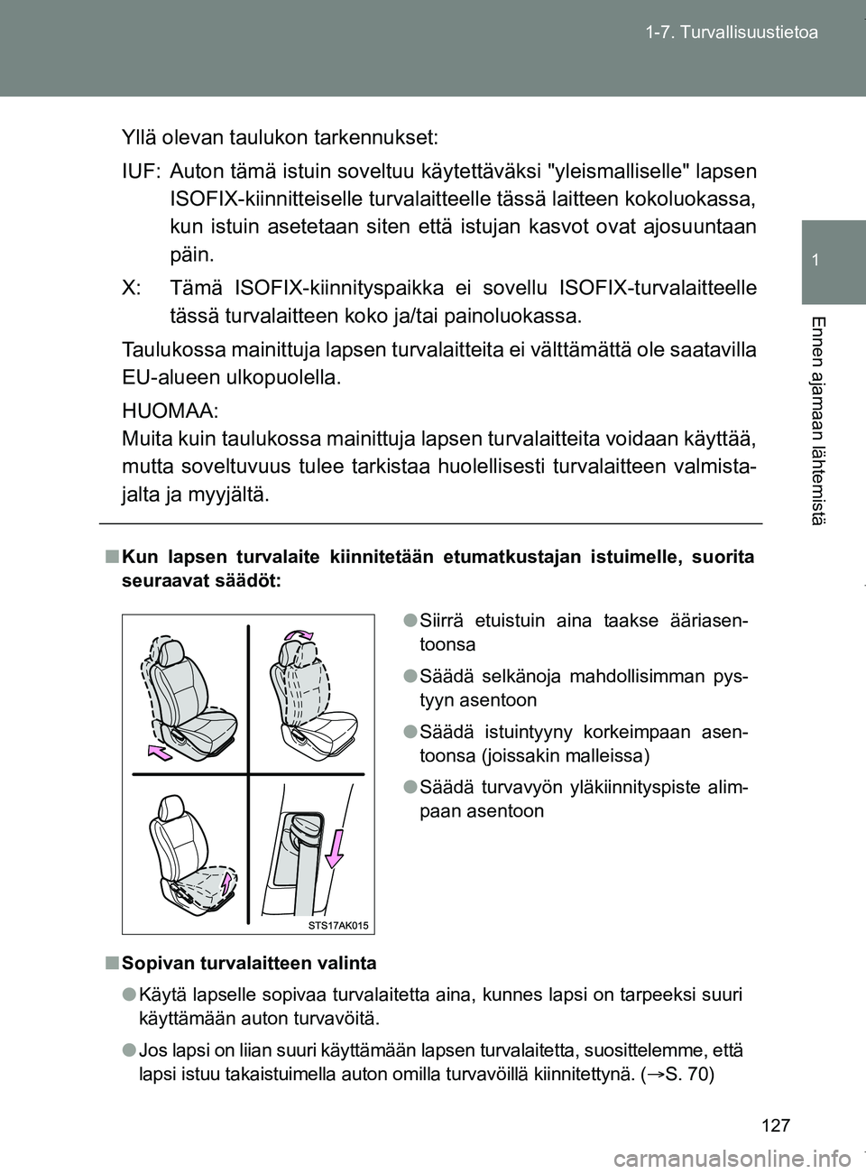 TOYOTA VERSO 2017 Omistajan Käsikirja (in Finnish) 127
1-7. Turvallisuustietoa
1
Ennen ajamaan lähtemistä
OM64517FI
Yllä olevan taulukon tarkennukset:
IUF: Auton tämä istuin soveltuu kä
ytettäväksi "yleismalliselle" lapsen
ISOFIX-kiinnitteisel TOYOTA VERSO 2017 Omistajan Käsikirja (in Finnish) 127
1-7. Turvallisuustietoa
1
Ennen ajamaan lähtemistä
OM64517FI
Yllä olevan taulukon tarkennukset:
IUF: Auton tämä istuin soveltuu kä
ytettäväksi "yleismalliselle" lapsen
ISOFIX-kiinnitteisel