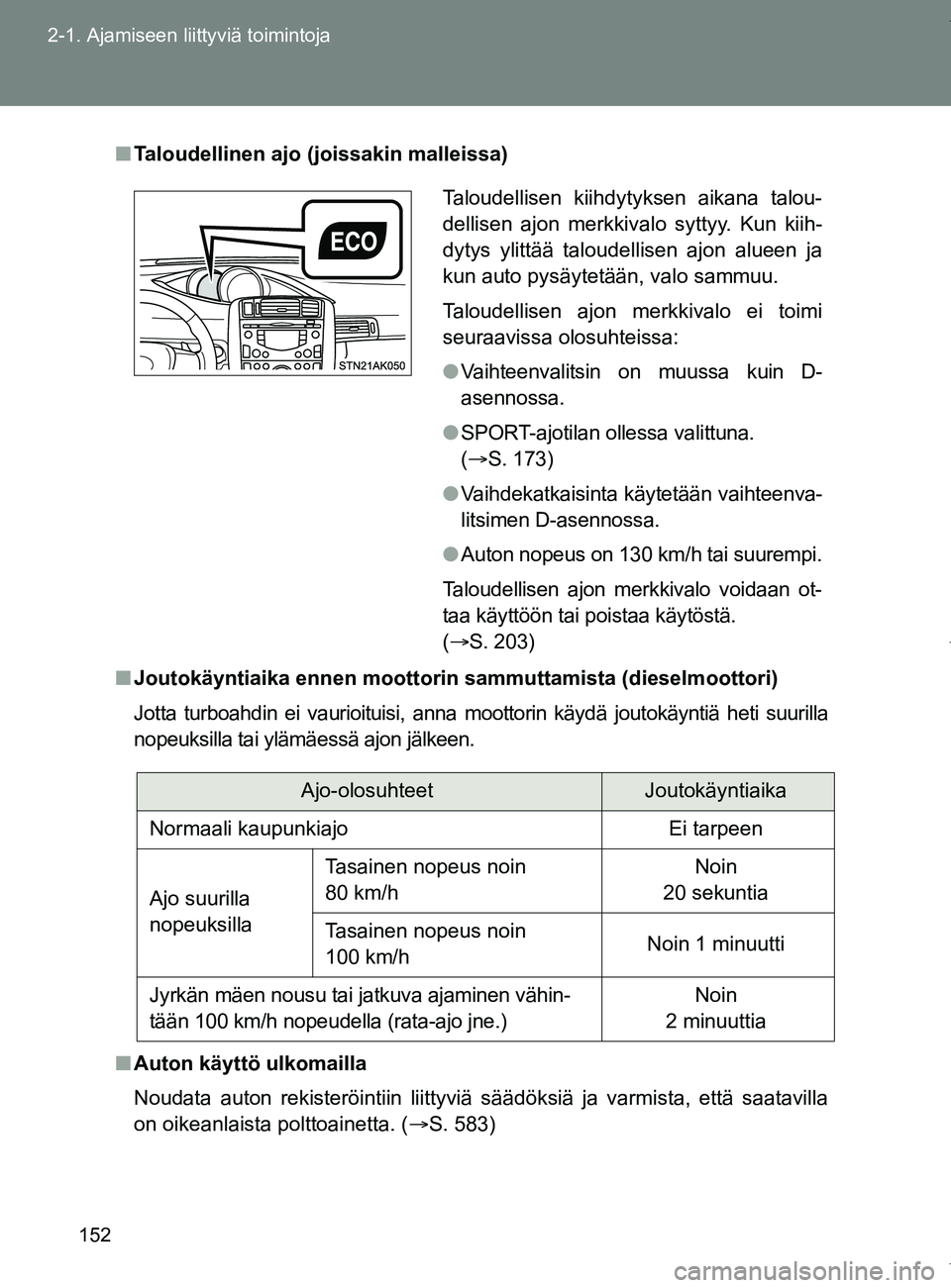 TOYOTA VERSO 2017 Omistajan Käsikirja (in Finnish) 152
2-1. Ajamiseen liittyviä toimintoja
OM64517FI
■
Taloudellinen ajo (joissakin malleissa)
■ Joutokäyntiaika ennen moottorin sammuttamista (dieselmoottori)
Jotta turboahdin ei vaurioituisi, ann TOYOTA VERSO 2017 Omistajan Käsikirja (in Finnish) 152
2-1. Ajamiseen liittyviä toimintoja
OM64517FI
■
Taloudellinen ajo (joissakin malleissa)
■ Joutokäyntiaika ennen moottorin sammuttamista (dieselmoottori)
Jotta turboahdin ei vaurioituisi, ann