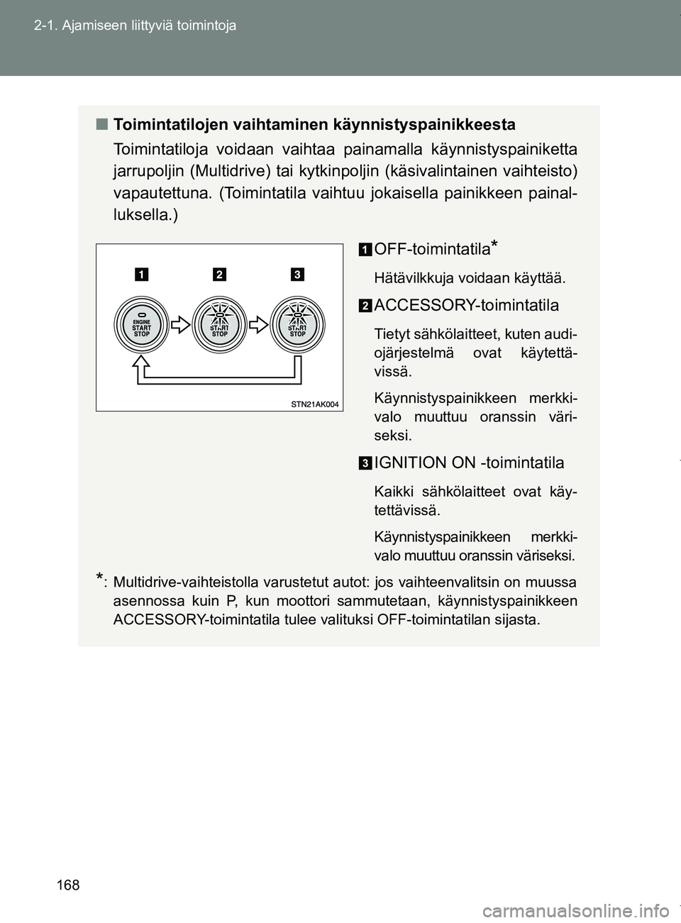 TOYOTA VERSO 2017 Omistajan Käsikirja (in Finnish) 168
2-1. Ajamiseen liittyviä toimintoja
OM64517FI
■
Toimintatilojen vaihtaminen käynnistyspainikkeesta
Toimintatiloja voidaan vaihtaa painamalla käynnistyspainiketta
jarrupoljin (Multidrive) tai TOYOTA VERSO 2017 Omistajan Käsikirja (in Finnish) 168
2-1. Ajamiseen liittyviä toimintoja
OM64517FI
■
Toimintatilojen vaihtaminen käynnistyspainikkeesta
Toimintatiloja voidaan vaihtaa painamalla käynnistyspainiketta
jarrupoljin (Multidrive) tai