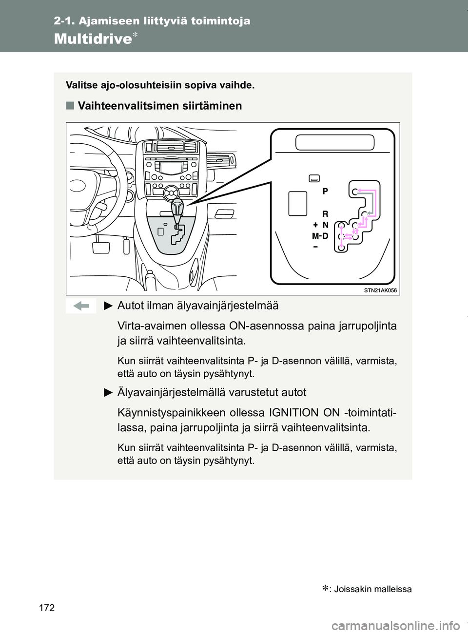 TOYOTA VERSO 2017 Omistajan Käsikirja (in Finnish) 172
2-1. Ajamiseen liittyviä toimintoja
OM64517FI
Multidrive
: Joissakin malleissa
Valitse ajo-olosuhteisiin sopiva vaihde.
■Vaihteenvalitsimen siirtäminen
Autot ilman älyavainjärjestelmä TOYOTA VERSO 2017 Omistajan Käsikirja (in Finnish) 172
2-1. Ajamiseen liittyviä toimintoja
OM64517FI
Multidrive
: Joissakin malleissa
Valitse ajo-olosuhteisiin sopiva vaihde.
■Vaihteenvalitsimen siirtäminen
Autot ilman älyavainjärjestelmä