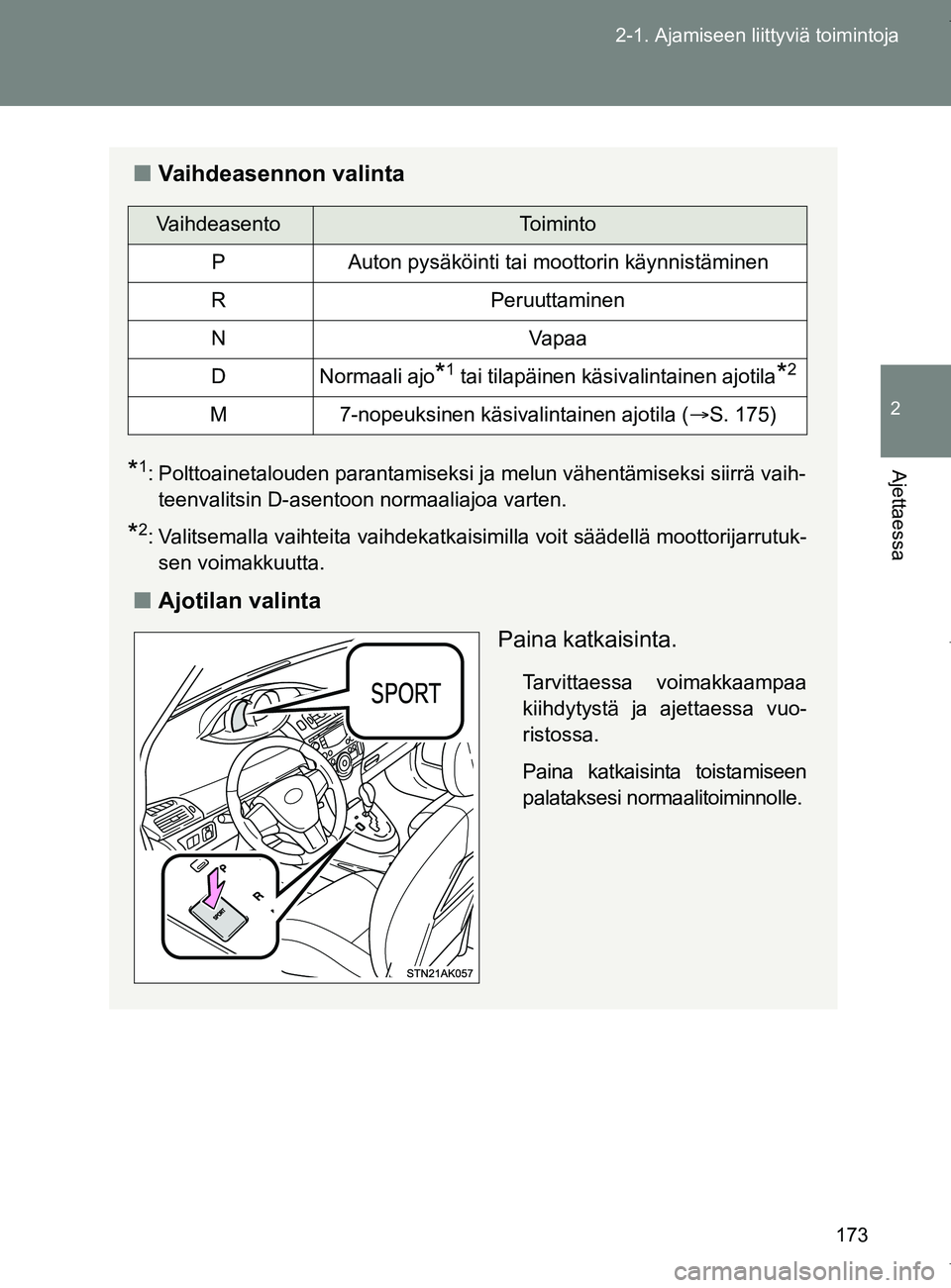TOYOTA VERSO 2017 Omistajan Käsikirja (in Finnish) 173
2-1. Ajamiseen liittyviä toimintoja
2
Ajettaessa
OM64517FI
■
Vaihdeasennon valinta
*1: Polttoainetalouden parantamiseksi ja melun vähentämiseksi siirrä vaih-
teenvalitsin D-asentoon normaali TOYOTA VERSO 2017 Omistajan Käsikirja (in Finnish) 173
2-1. Ajamiseen liittyviä toimintoja
2
Ajettaessa
OM64517FI
■
Vaihdeasennon valinta
*1: Polttoainetalouden parantamiseksi ja melun vähentämiseksi siirrä vaih-
teenvalitsin D-asentoon normaali