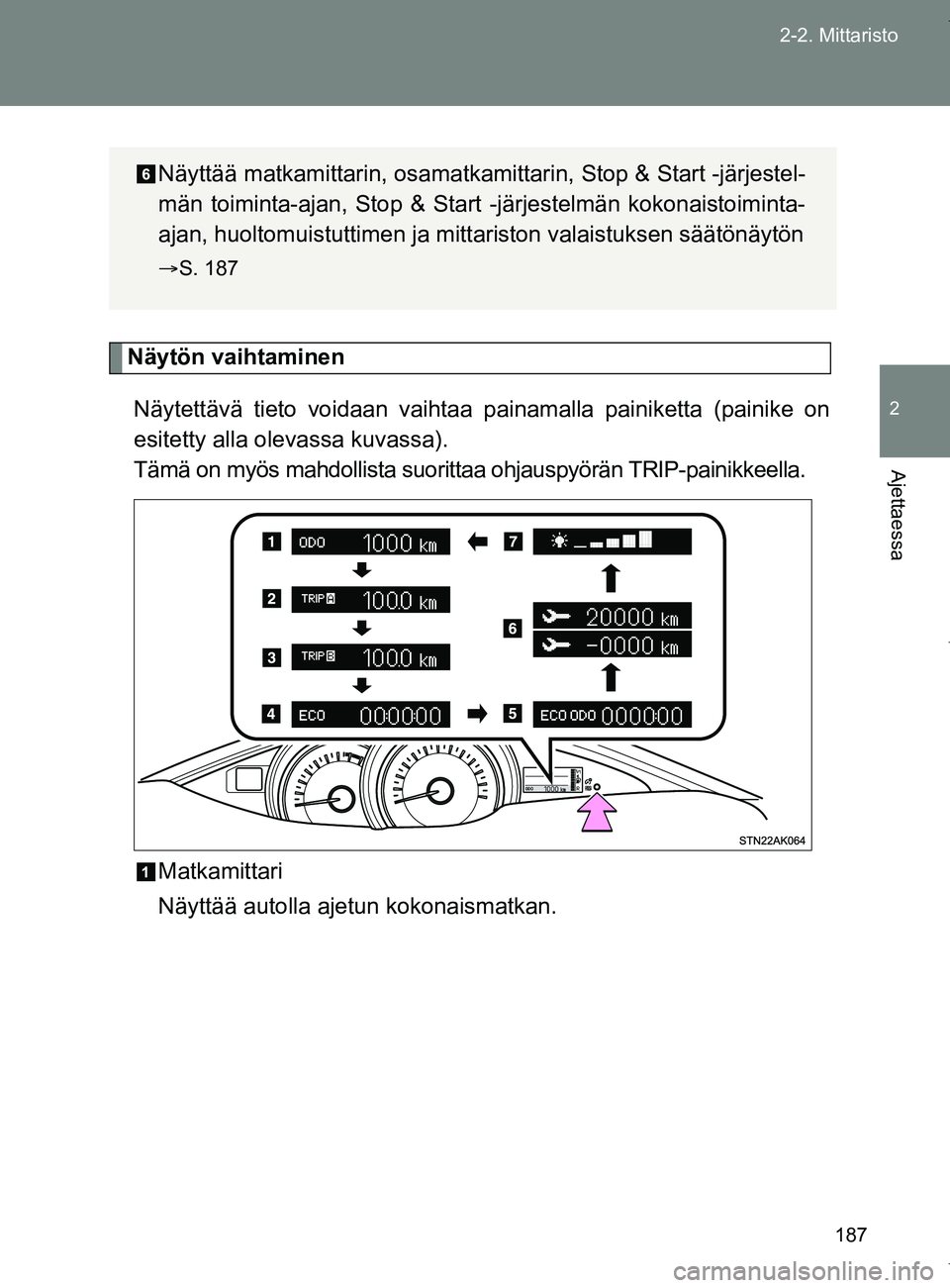 TOYOTA VERSO 2017  Omistajan Käsikirja (in Finnish) 187
2-2. Mittaristo
2
Ajettaessa
OM64517FI
Näytön vaihtaminen
Näytettävä tieto voidaan vaihtaa painamalla painiketta (painike on
esitetty alla olevassa kuvassa). 
Tämä on myös mahdollista suor