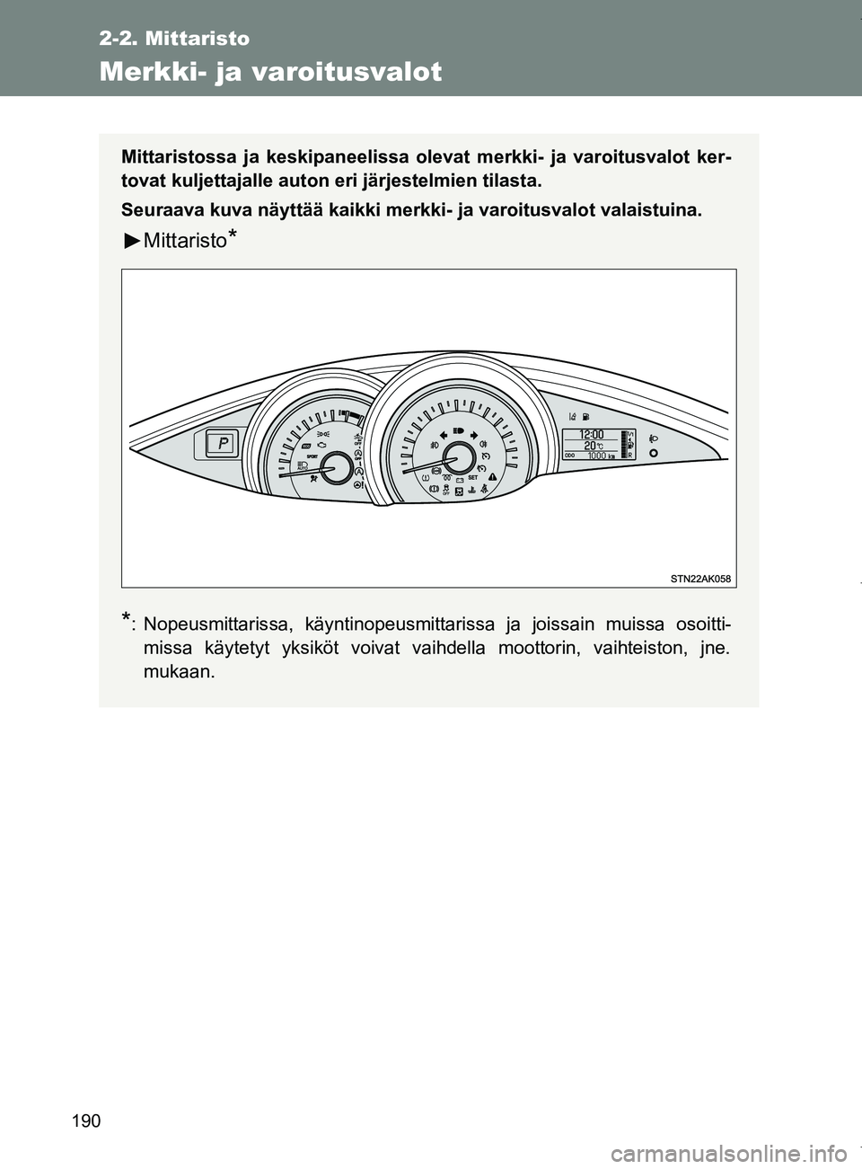 TOYOTA VERSO 2017  Omistajan Käsikirja (in Finnish) 190
2-2. Mittaristo
OM64517FI
Merkki- ja varoitusvalot
Mittaristossa ja keskipaneelissa olevat merkki- ja varoitusvalot ker-
tovat kuljettajalle auton eri järjestelmien tilasta.
Seuraava kuva näytt