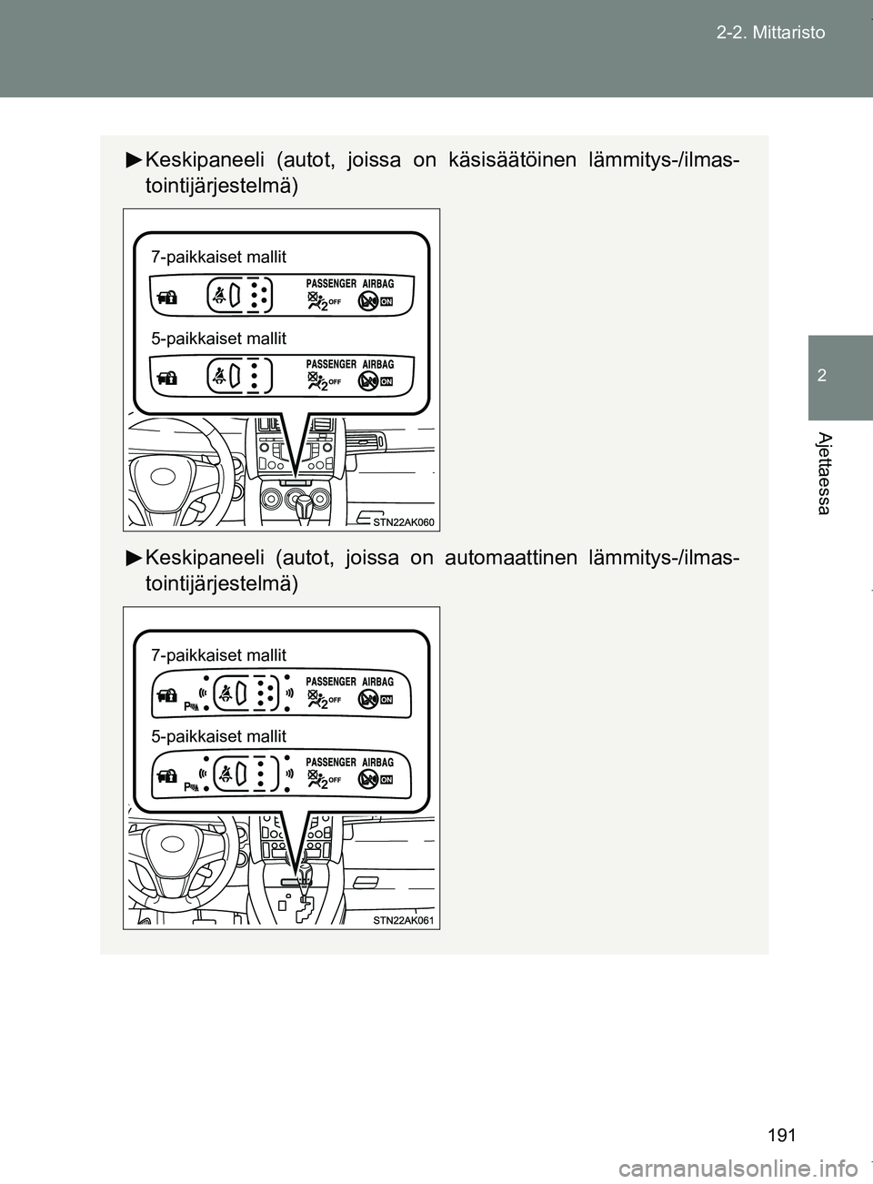 TOYOTA VERSO 2017 Omistajan Käsikirja (in Finnish) 191
2-2. Mittaristo
2
Ajettaessa
OM64517FI
Keskipaneeli (autot, joissa on käsisäätöinen lämmitys-/ilmas-
tointijärjestelmä)
Keskipaneeli (autot, joissa on automaattinen lämmitys-/ilmas-
tointi TOYOTA VERSO 2017 Omistajan Käsikirja (in Finnish) 191
2-2. Mittaristo
2
Ajettaessa
OM64517FI
Keskipaneeli (autot, joissa on käsisäätöinen lämmitys-/ilmas-
tointijärjestelmä)
Keskipaneeli (autot, joissa on automaattinen lämmitys-/ilmas-
tointi