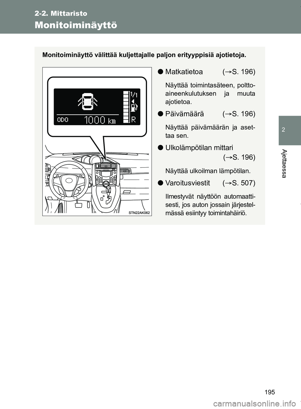 TOYOTA VERSO 2017 Omistajan Käsikirja (in Finnish) 195
2-2. Mittaristo
2
Ajettaessa
OM64517FI
Monitoiminäyttö
Monitoiminäyttö välittää kuljettajalle paljon erityyppisiä ajotietoja.
●Matkatietoa ( S. 196)
Näyttää toimintasäteen, poltto TOYOTA VERSO 2017 Omistajan Käsikirja (in Finnish) 195
2-2. Mittaristo
2
Ajettaessa
OM64517FI
Monitoiminäyttö
Monitoiminäyttö välittää kuljettajalle paljon erityyppisiä ajotietoja.
●Matkatietoa ( S. 196)
Näyttää toimintasäteen, poltto