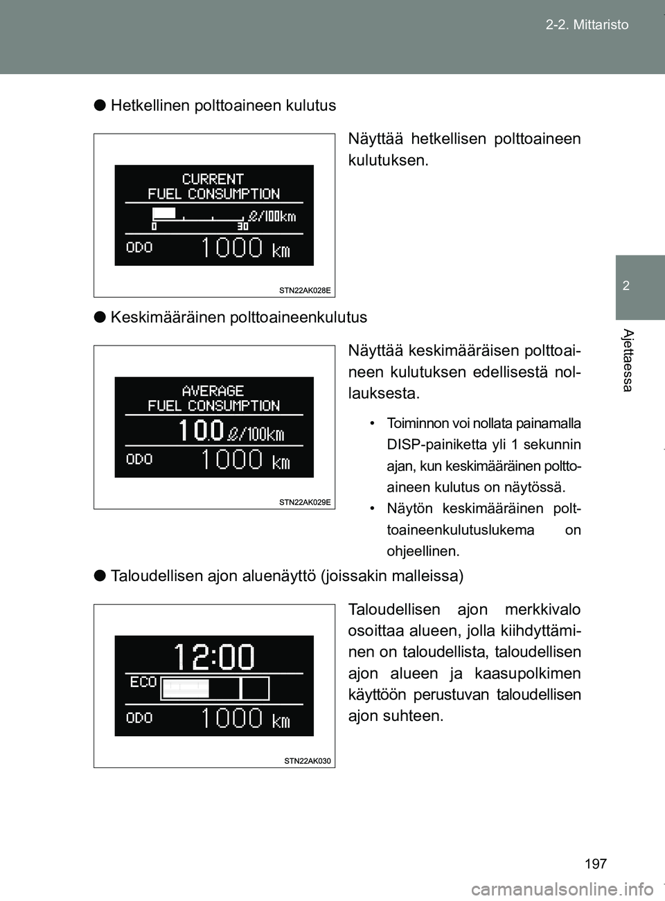 TOYOTA VERSO 2017 Omistajan Käsikirja (in Finnish) 197
2-2. Mittaristo
2
Ajettaessa
OM64517FI
●
Hetkellinen polttoaineen kulutus
Näyttää hetkellisen polttoaineen
kulutuksen.
● Keskimääräinen polttoaineenkulutus
Näyttää keskimääräisen p TOYOTA VERSO 2017 Omistajan Käsikirja (in Finnish) 197
2-2. Mittaristo
2
Ajettaessa
OM64517FI
●
Hetkellinen polttoaineen kulutus
Näyttää hetkellisen polttoaineen
kulutuksen.
● Keskimääräinen polttoaineenkulutus
Näyttää keskimääräisen p