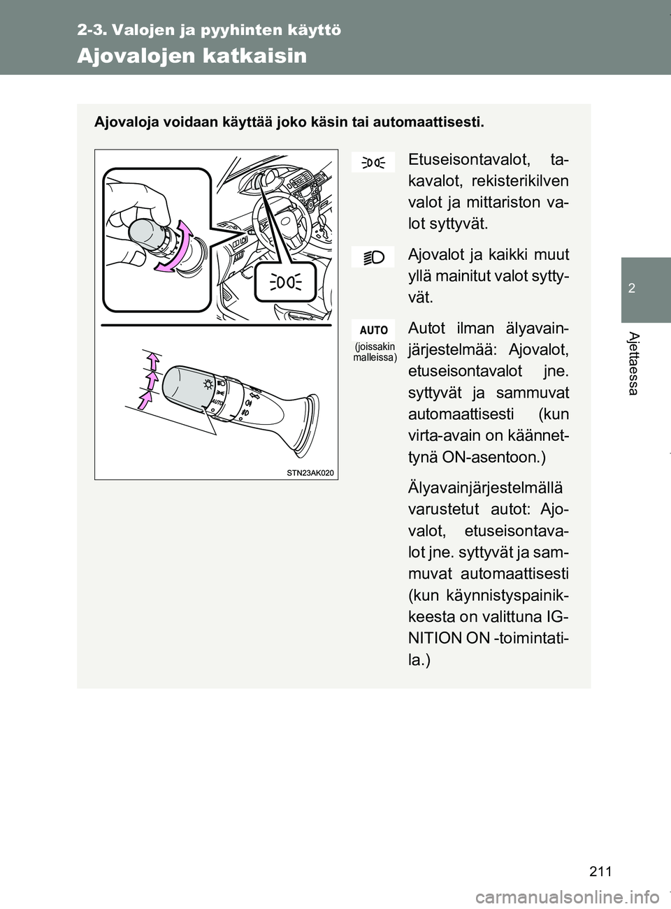 TOYOTA VERSO 2017 Omistajan Käsikirja (in Finnish) 211
2
Ajettaessa
OM64517FI
2-3. Valojen ja pyyhinten käyttö
Ajovalojen katkaisin
Ajovaloja voidaan käyttää joko käsin tai automaattisesti.
Etuseisontavalot, ta-
kavalot, rekisterikilven
valot ja TOYOTA VERSO 2017 Omistajan Käsikirja (in Finnish) 211
2
Ajettaessa
OM64517FI
2-3. Valojen ja pyyhinten käyttö
Ajovalojen katkaisin
Ajovaloja voidaan käyttää joko käsin tai automaattisesti.
Etuseisontavalot, ta-
kavalot, rekisterikilven
valot ja