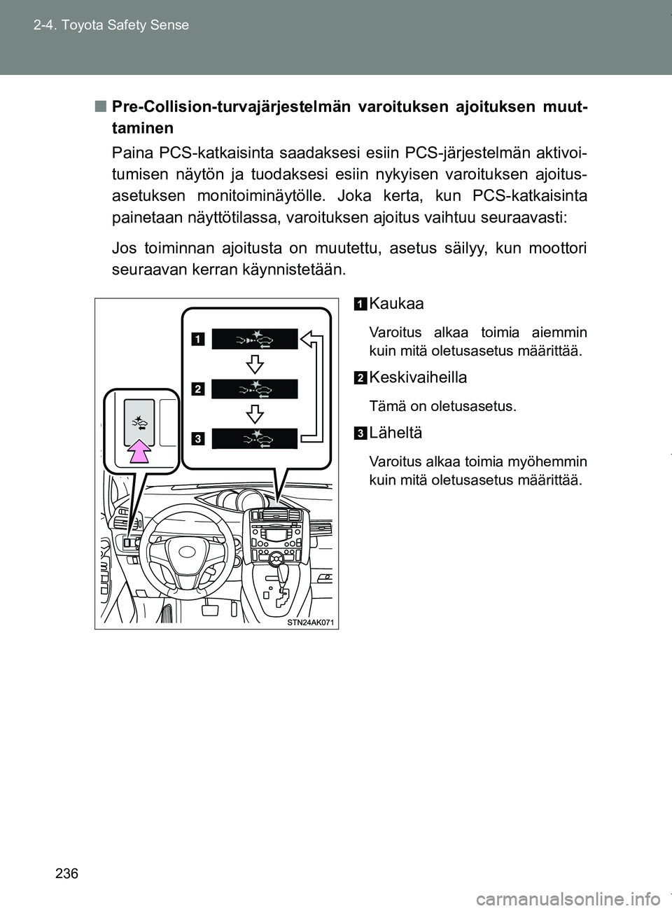 TOYOTA VERSO 2017 Omistajan Käsikirja (in Finnish) 236
2-4. Toyota Safety Sense
OM64517FI
■
Pre-Collision-turvajärjestelmän varoituksen ajoituksen muut-
taminen
Paina PCS-katkaisinta saadaksesi esiin PCS-järjestelmän aktivoi-
tumisen näytön ja TOYOTA VERSO 2017 Omistajan Käsikirja (in Finnish) 236
2-4. Toyota Safety Sense
OM64517FI
■
Pre-Collision-turvajärjestelmän varoituksen ajoituksen muut-
taminen
Paina PCS-katkaisinta saadaksesi esiin PCS-järjestelmän aktivoi-
tumisen näytön ja