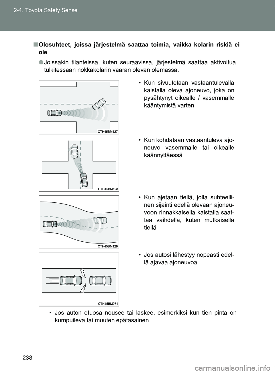 TOYOTA VERSO 2017 Omistajan Käsikirja (in Finnish) 238
2-4. Toyota Safety Sense
OM64517FI
■
Olosuhteet, joissa järjestelmä saattaa toimia, vaikka kolarin riskiä ei
ole
● Joissakin tilanteissa, kuten seuraavissa, järjestelmä saattaa aktivoitua TOYOTA VERSO 2017 Omistajan Käsikirja (in Finnish) 238
2-4. Toyota Safety Sense
OM64517FI
■
Olosuhteet, joissa järjestelmä saattaa toimia, vaikka kolarin riskiä ei
ole
● Joissakin tilanteissa, kuten seuraavissa, järjestelmä saattaa aktivoitua
