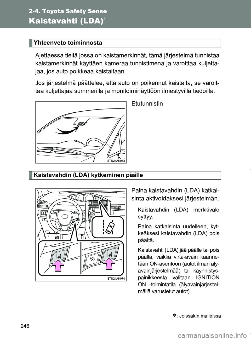 TOYOTA VERSO 2017  Omistajan Käsikirja (in Finnish) 246
2-4. Toyota Safety Sense
OM64517FI
Kaistavahti (LDA)
Yhteenveto toiminnostaAjettaessa tiellä jossa on kaistame rkinnät, tämä järjestelmä tunnistaa
kaistamerkinnät käyttäen kameraa  tun
