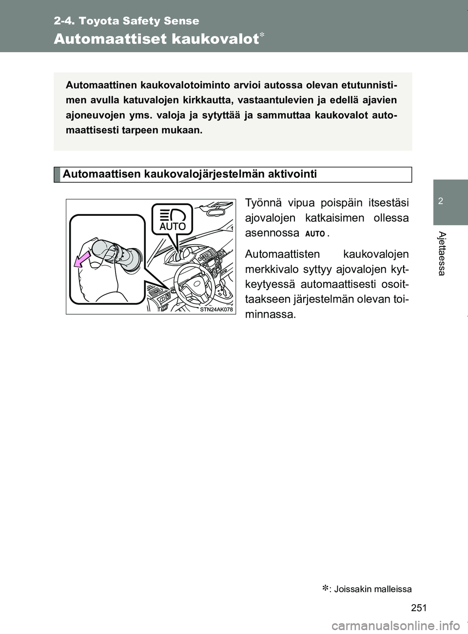 TOYOTA VERSO 2017 Omistajan Käsikirja (in Finnish) 251
2-4. Toyota Safety Sense
2
Ajettaessa
OM64517FI
Automaattiset kaukovalot
Automaattisen kaukovalojärjestelmän aktivointiTyönnä vipua poispäin itsestäsi
ajovalojen katkaisimen ollessa
asenn TOYOTA VERSO 2017 Omistajan Käsikirja (in Finnish) 251
2-4. Toyota Safety Sense
2
Ajettaessa
OM64517FI
Automaattiset kaukovalot
Automaattisen kaukovalojärjestelmän aktivointiTyönnä vipua poispäin itsestäsi
ajovalojen katkaisimen ollessa
asenn