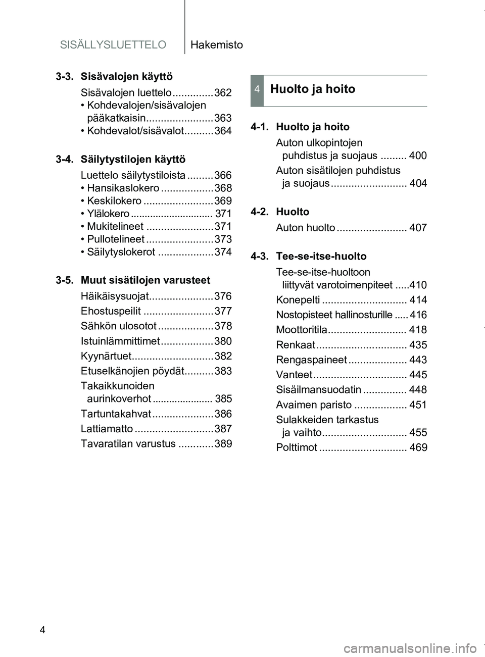 TOYOTA VERSO 2017 Omistajan Käsikirja (in Finnish) SISÄLLYSLUETTELOHakemisto
4
OM64517FI
3-3. Sisävalojen käyttöSisävalojen luettelo .............. 362
• Kohdevalojen/sisävalojen pääkatkaisin....................... 363
• Kohdevalot/sisäva TOYOTA VERSO 2017 Omistajan Käsikirja (in Finnish) SISÄLLYSLUETTELOHakemisto
4
OM64517FI
3-3. Sisävalojen käyttöSisävalojen luettelo .............. 362
• Kohdevalojen/sisävalojen pääkatkaisin....................... 363
• Kohdevalot/sisäva