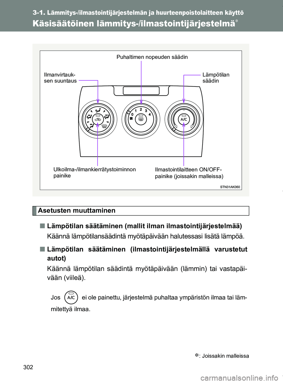 TOYOTA VERSO 2017 Omistajan Käsikirja (in Finnish) 302
OM64517FI
3-1.Lämmitys-/ilmastointijärjestelmän ja huurteenpoistolaitteen käyttö
Käsisäätöinen lämmitys-/ilmastointijärjestelmä
Asetusten muuttaminen
■ Lämpötilan säätäminen TOYOTA VERSO 2017 Omistajan Käsikirja (in Finnish) 302
OM64517FI
3-1.Lämmitys-/ilmastointijärjestelmän ja huurteenpoistolaitteen käyttö
Käsisäätöinen lämmitys-/ilmastointijärjestelmä
Asetusten muuttaminen
■ Lämpötilan säätäminen