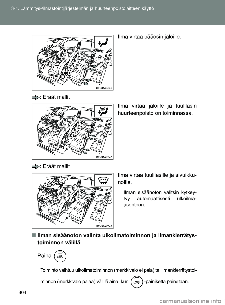 TOYOTA VERSO 2017 Omistajan Käsikirja (in Finnish) 304
3-1. Lämmitys-/ilmastointijärjestelm
än ja huurteenpoistolaitteen käyttö
OM64517FI Ilma virtaa
pääosin jaloille.
: Eräät mallit Ilma virtaa jaloille ja tuulilasin
huurteenpoisto on toimi TOYOTA VERSO 2017 Omistajan Käsikirja (in Finnish) 304
3-1. Lämmitys-/ilmastointijärjestelm
än ja huurteenpoistolaitteen käyttö
OM64517FI Ilma virtaa
pääosin jaloille.
: Eräät mallit Ilma virtaa jaloille ja tuulilasin
huurteenpoisto on toimi