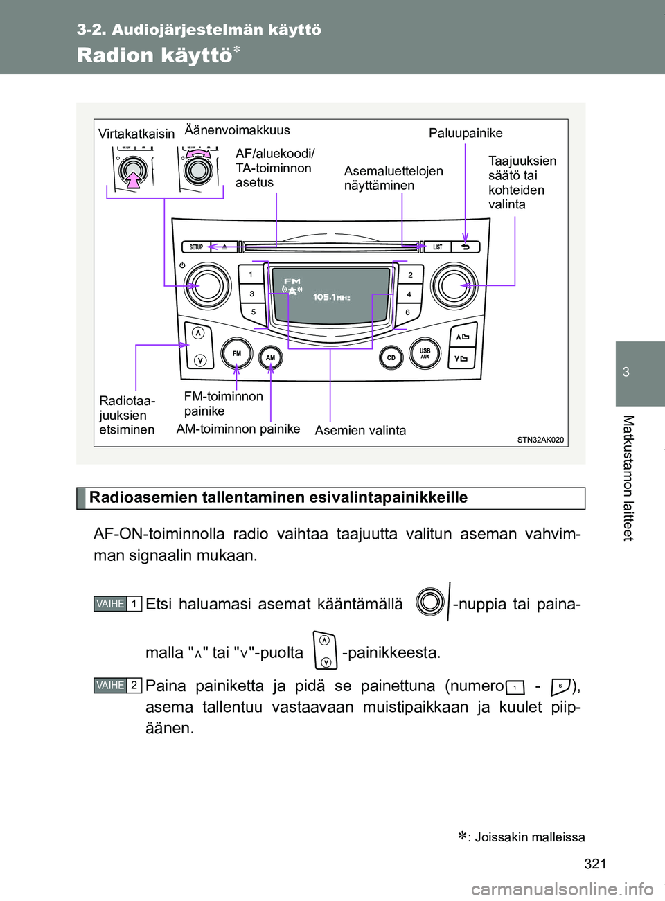 TOYOTA VERSO 2017 Omistajan Käsikirja (in Finnish) 321
3-2. Audiojärjestelmän käyttö
3
Matkustamon laitteet
OM64517FI
Radion käyttö
Radioasemien tallentaminen esivalintapainikkeilleAF-ON-toiminnolla radio vaihtaa taajuutta valitun aseman vahv TOYOTA VERSO 2017 Omistajan Käsikirja (in Finnish) 321
3-2. Audiojärjestelmän käyttö
3
Matkustamon laitteet
OM64517FI
Radion käyttö
Radioasemien tallentaminen esivalintapainikkeilleAF-ON-toiminnolla radio vaihtaa taajuutta valitun aseman vahv