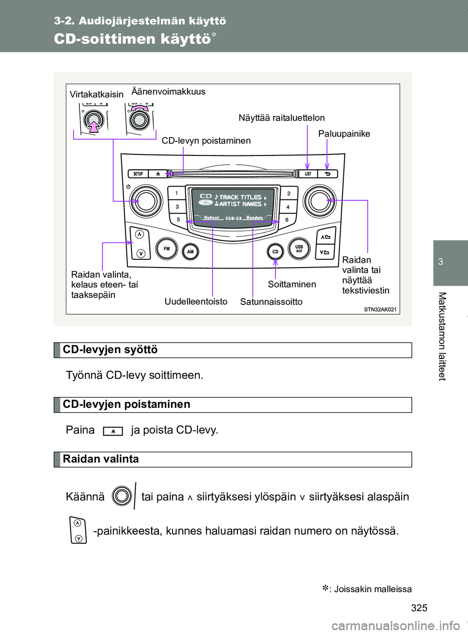 TOYOTA VERSO 2017 Omistajan Käsikirja (in Finnish) 325
3-2. Audiojärjestelmän käyttö
3
Matkustamon laitteet
OM64517FI
CD-soittimen käyttö
CD-levyjen syöttöTyönnä CD-levy soittimeen.
CD-levyjen poistaminenPaina ja poista CD-levy.
Raidan TOYOTA VERSO 2017 Omistajan Käsikirja (in Finnish) 325
3-2. Audiojärjestelmän käyttö
3
Matkustamon laitteet
OM64517FI
CD-soittimen käyttö
CD-levyjen syöttöTyönnä CD-levy soittimeen.
CD-levyjen poistaminenPaina ja poista CD-levy.
Raidan