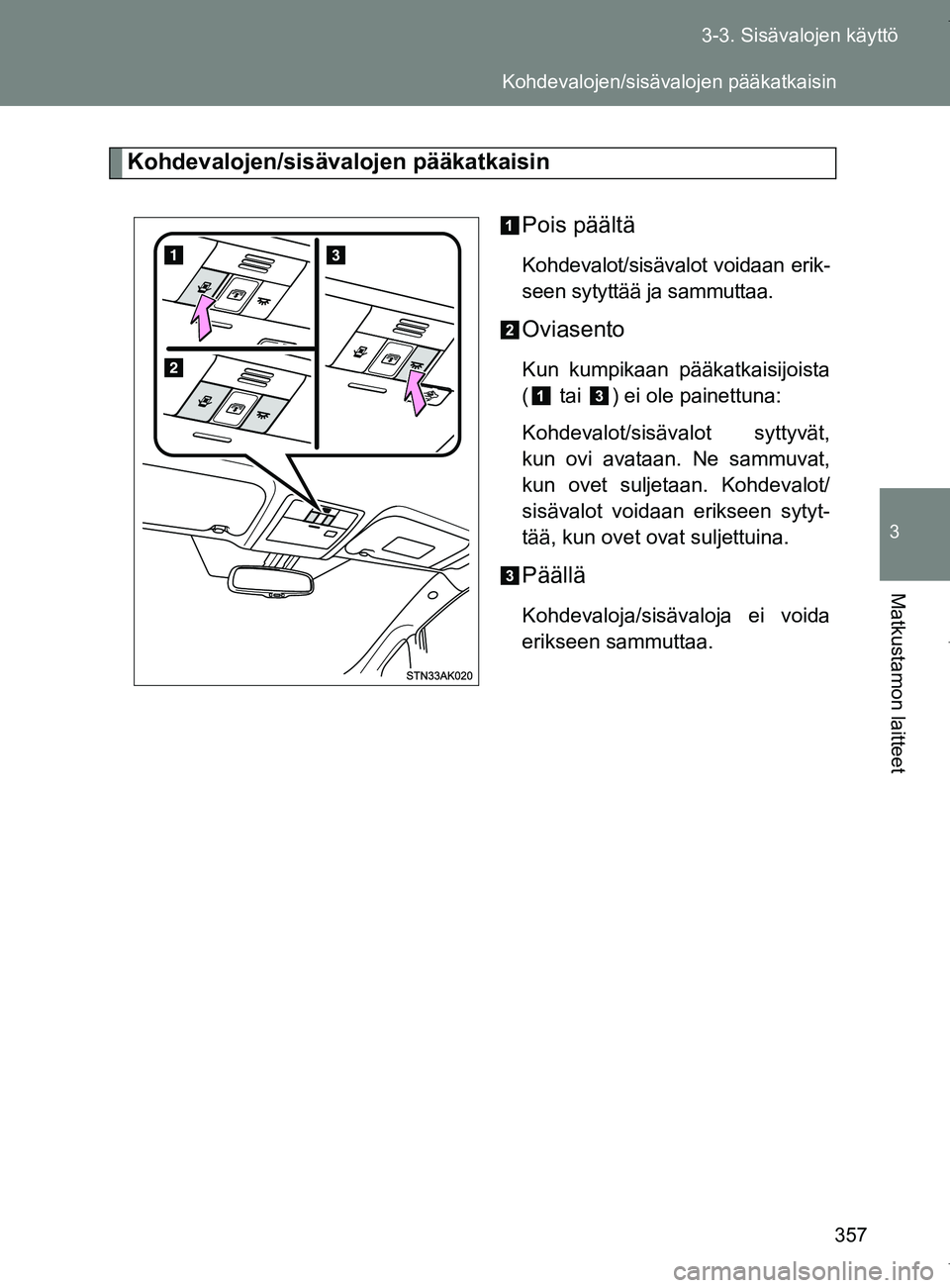 TOYOTA VERSO 2017  Omistajan Käsikirja (in Finnish) 357
3-3. Sisävalojen käyttö
3
Matkustamon laitteet
OM64517FI
Kohdevalojen/sisävalojen pääkatkaisin
Pois päältä
Kohdevalot/sisävalot voidaan erik-
seen sytyttää ja sammuttaa.
Oviasento
Kun 
