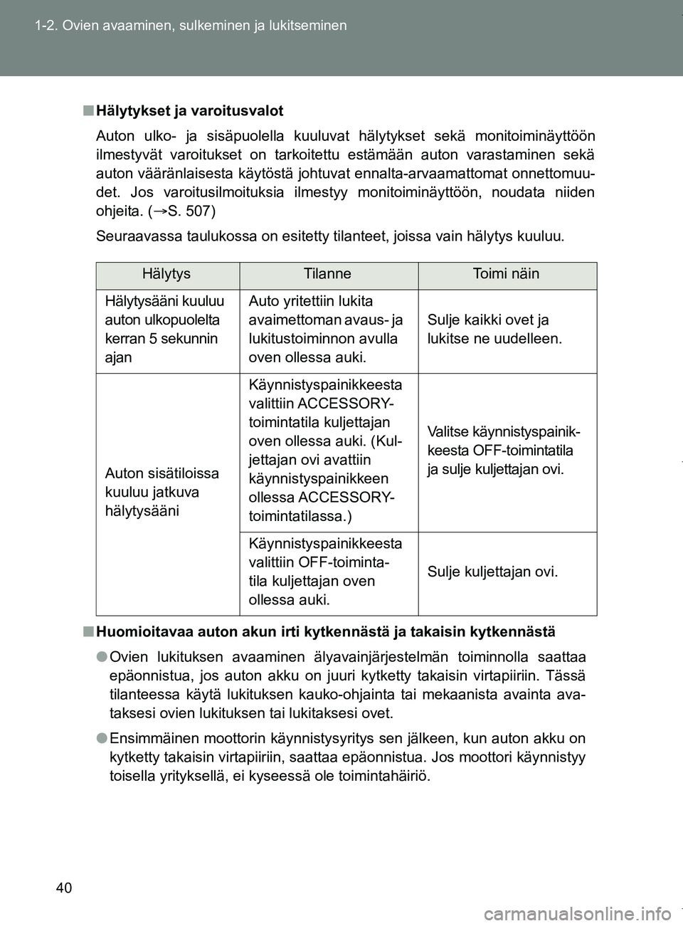 TOYOTA VERSO 2017  Omistajan Käsikirja (in Finnish) 40
1-2. Ovien avaaminen, sulkeminen ja lukitseminen
OM64517FI
■
Hälytykset ja varoitusvalot
Auton ulko- ja sisäpuolella kuuluvat hälytykset sekä monitoiminäyttöön
ilmestyvät varoitukset on t