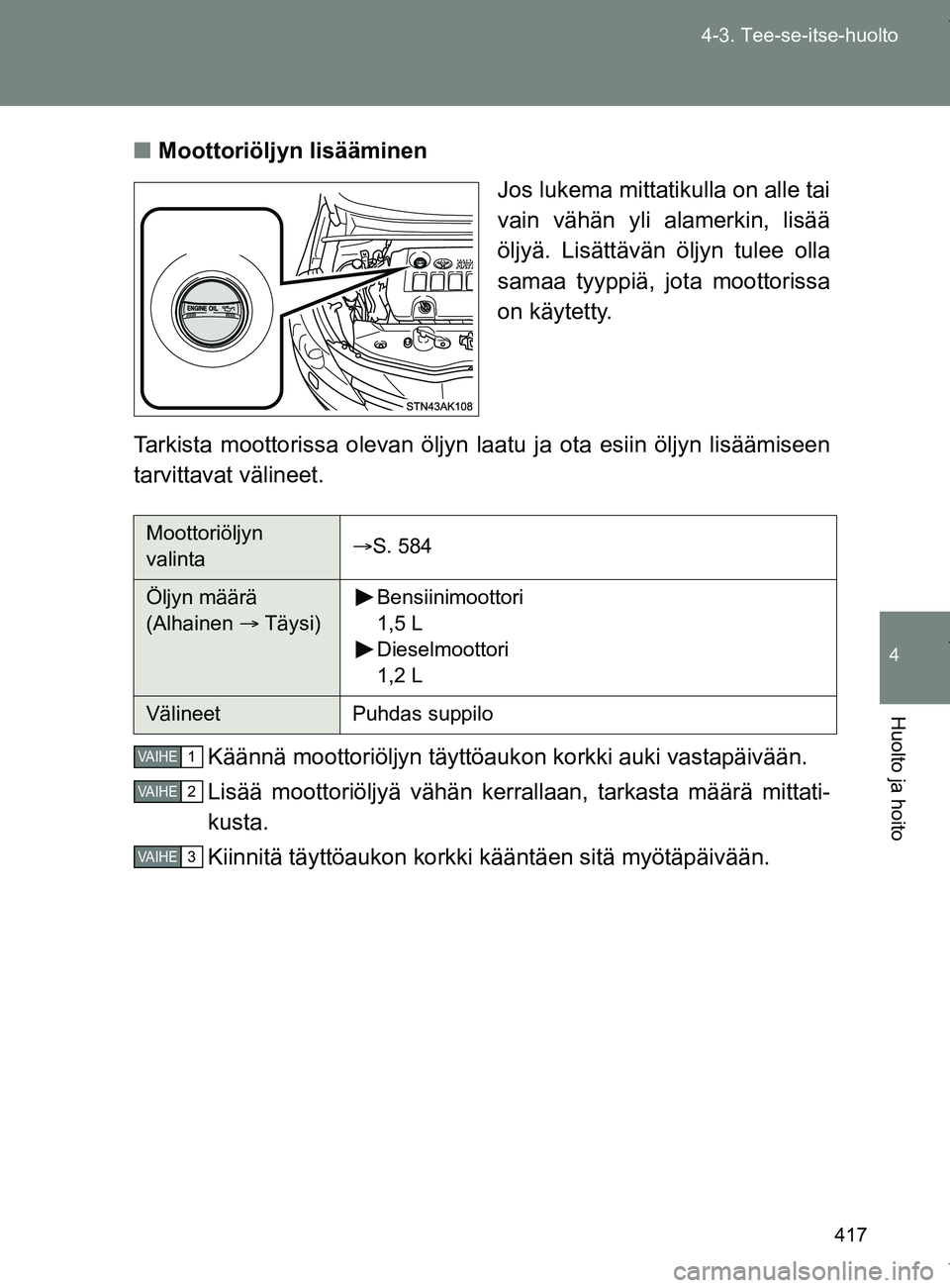 TOYOTA VERSO 2017 Omistajan Käsikirja (in Finnish) 417
4-3. Tee-se-itse-huolto
4
Huolto ja hoito
OM64517FI
■
Moottoriöljyn lisääminen
Jos lukema mittatikulla on alle tai
vain vähän yli alamerkin, lisää
öljyä. Lisättävän öljyn tulee olla TOYOTA VERSO 2017 Omistajan Käsikirja (in Finnish) 417
4-3. Tee-se-itse-huolto
4
Huolto ja hoito
OM64517FI
■
Moottoriöljyn lisääminen
Jos lukema mittatikulla on alle tai
vain vähän yli alamerkin, lisää
öljyä. Lisättävän öljyn tulee olla