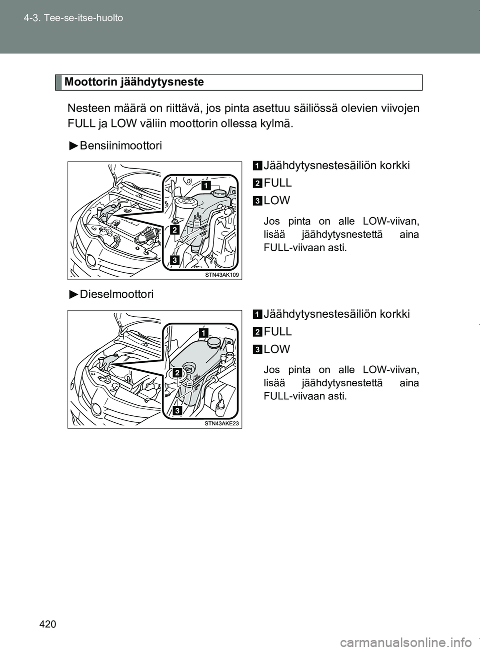 TOYOTA VERSO 2017 Omistajan Käsikirja (in Finnish) 420
4-3. Tee-se-itse-huolto
OM64517FI
Moottorin jäähdytysneste
Nesteen määrä on riittävä, jos pinta asettuu säiliössä olevien viivojen
FULL ja LOW väliin mo ottorin ollessa kylmä.
Bensiini TOYOTA VERSO 2017 Omistajan Käsikirja (in Finnish) 420
4-3. Tee-se-itse-huolto
OM64517FI
Moottorin jäähdytysneste
Nesteen määrä on riittävä, jos pinta asettuu säiliössä olevien viivojen
FULL ja LOW väliin mo ottorin ollessa kylmä.
Bensiini