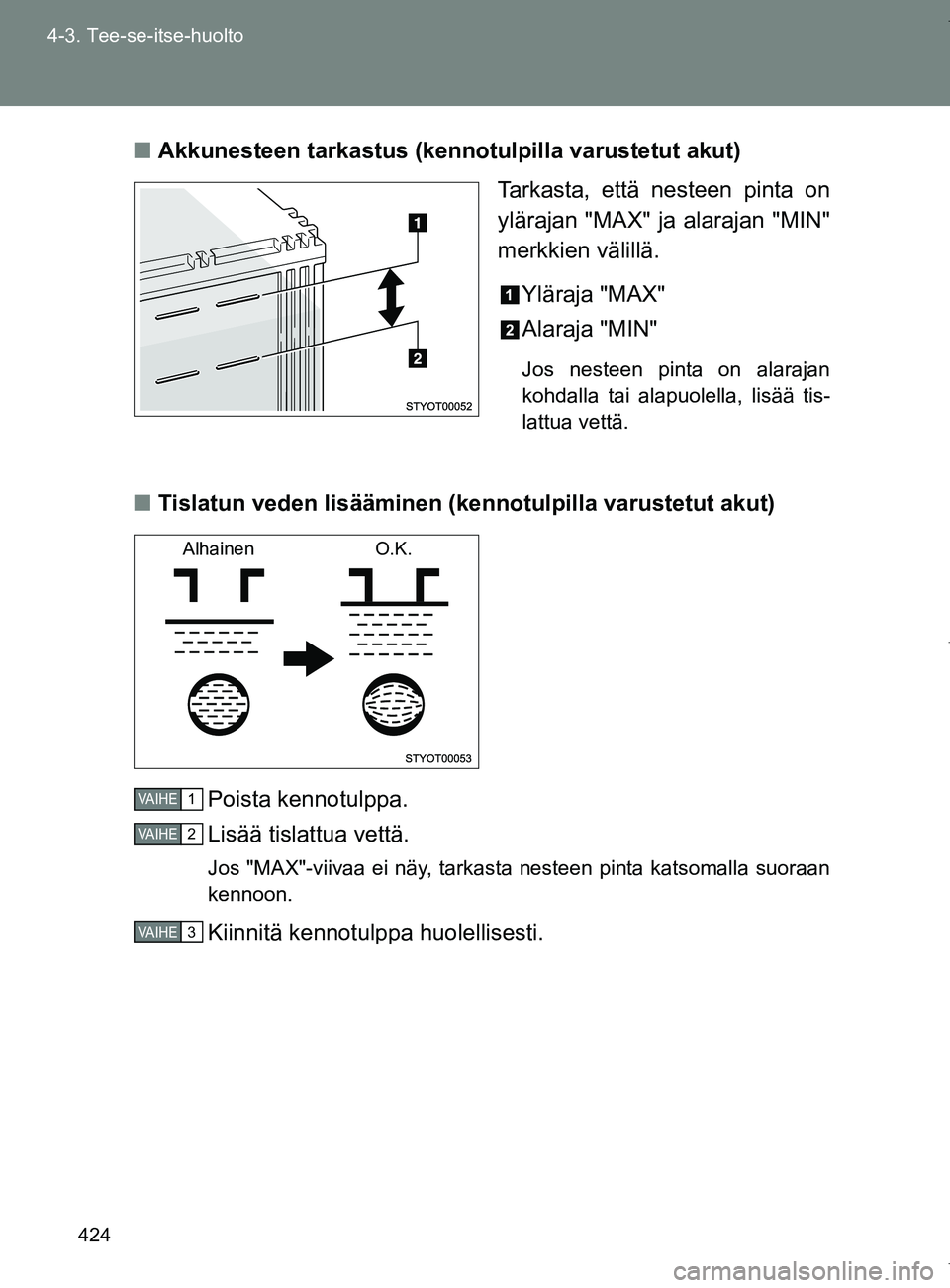 TOYOTA VERSO 2017  Omistajan Käsikirja (in Finnish) 424
4-3. Tee-se-itse-huolto
OM64517FI
■
Akkunesteen tarkastus (kennotulpilla varustetut akut)
Tarkasta, että nesteen pinta on
ylärajan "MAX" ja alarajan "MIN"
merkkien välillä.
Yläraja "MAX"
Al