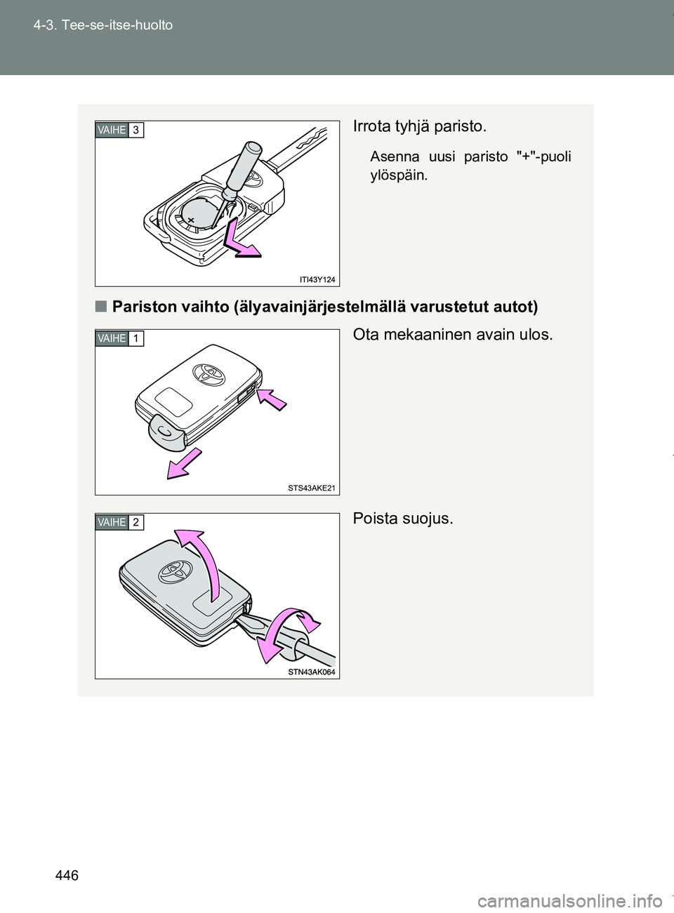 TOYOTA VERSO 2017  Omistajan Käsikirja (in Finnish) 446
4-3. Tee-se-itse-huolto
OM64517FI
Irrota tyhjä paristo.
Asenna uusi paristo "+"-puoli
ylöspäin.
■
Pariston vaihto (älyavainjärj estelmällä varustetut autot)
Ota mekaaninen avain ulos.
Poi