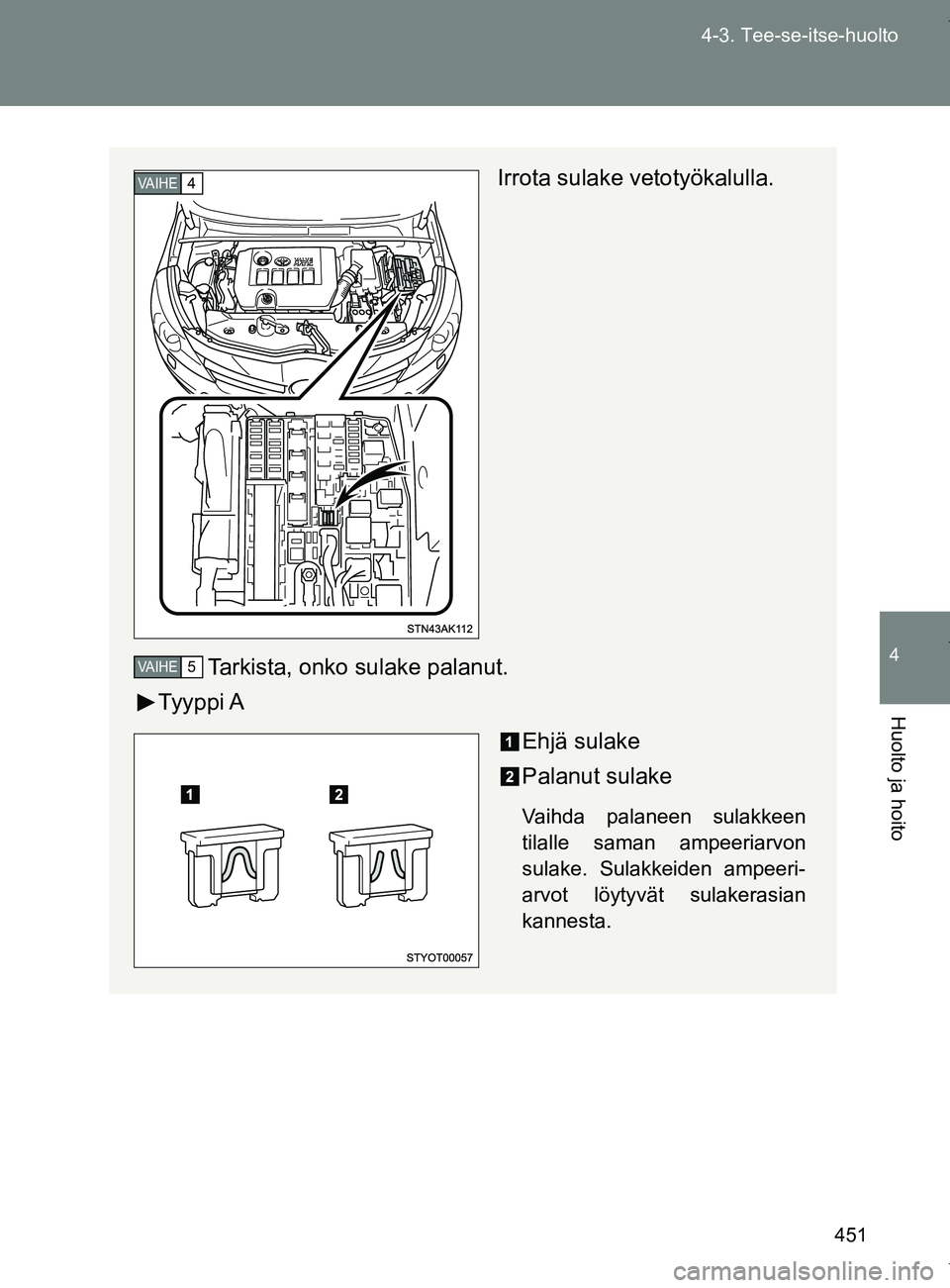 TOYOTA VERSO 2017 Omistajan Käsikirja (in Finnish) 451
4-3. Tee-se-itse-huolto
4
Huolto ja hoito
OM64517FI
Irrota sulake vetotyökalulla.
Tarkista, onko sulake palanut.
Ty y p p i A
Ehjä sulake
Palanut sulake
Vaihda palaneen sulakkeen
tilalle saman TOYOTA VERSO 2017 Omistajan Käsikirja (in Finnish) 451
4-3. Tee-se-itse-huolto
4
Huolto ja hoito
OM64517FI
Irrota sulake vetotyökalulla.
Tarkista, onko sulake palanut.
Ty y p p i A
Ehjä sulake
Palanut sulake
Vaihda palaneen sulakkeen
tilalle saman