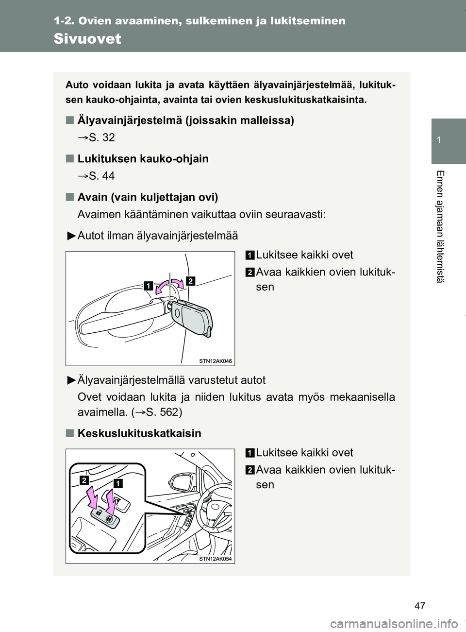 TOYOTA VERSO 2017 Omistajan Käsikirja (in Finnish) 47
1
1-2. Ovien avaaminen, sulkeminen ja lukitseminen
Ennen ajamaan lähtemistä
OM64517FI
Sivuovet
Auto voidaan lukita ja avata käytt äen älyavainjärjestelmää, lukituk-
sen kauko-ohjainta, avai TOYOTA VERSO 2017 Omistajan Käsikirja (in Finnish) 47
1
1-2. Ovien avaaminen, sulkeminen ja lukitseminen
Ennen ajamaan lähtemistä
OM64517FI
Sivuovet
Auto voidaan lukita ja avata käytt äen älyavainjärjestelmää, lukituk-
sen kauko-ohjainta, avai