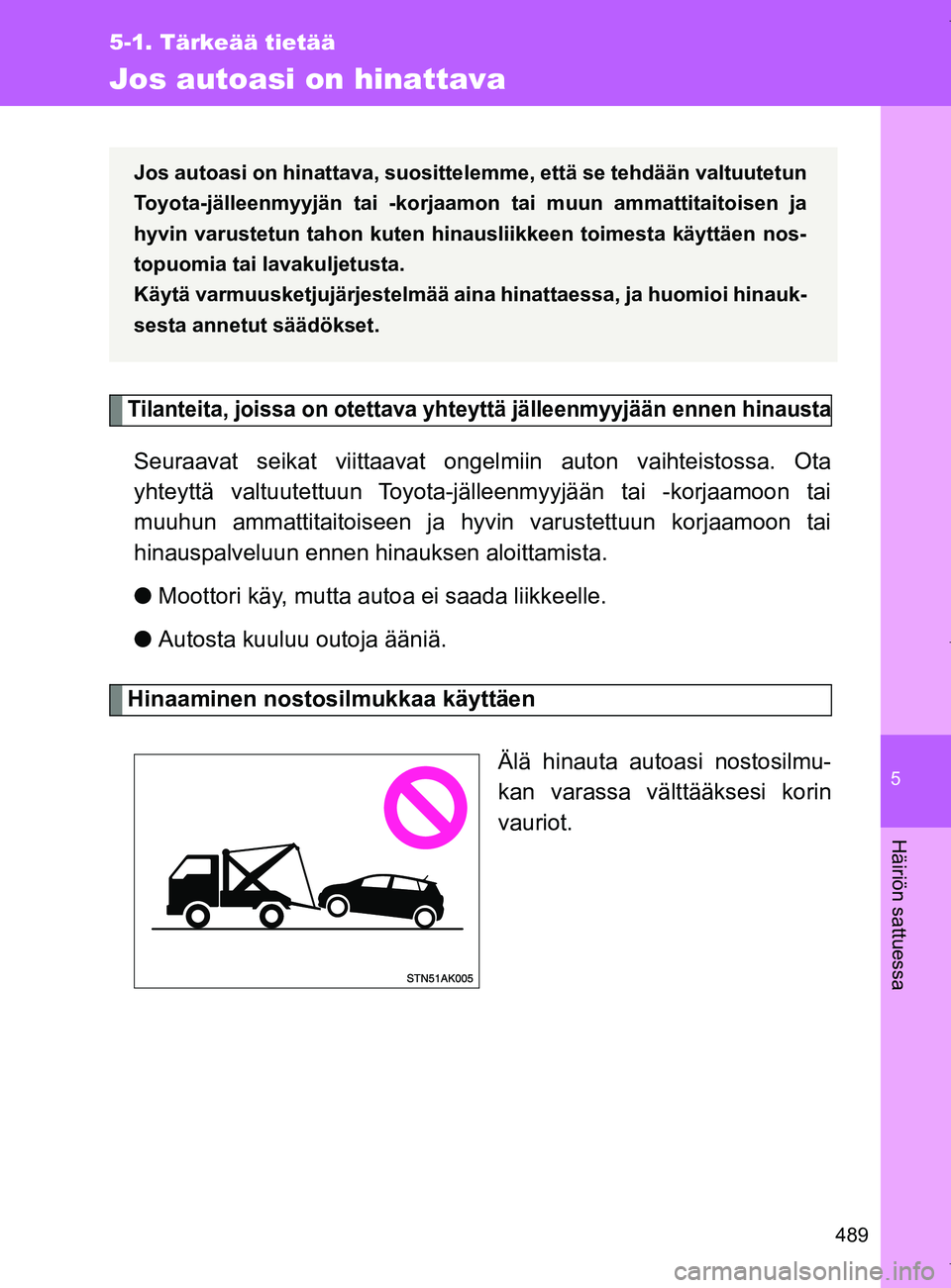 TOYOTA VERSO 2017 Omistajan Käsikirja (in Finnish) 5
489
5-1. Tärkeää tietää
Häiriön sattuessa
OM64517FI
Jos autoasi on hinattava
Tilanteita, joissa on otettava yhteyttä jälleenmyyjään ennen hinausta
Seuraavat seikat viittaavat ongel miin a TOYOTA VERSO 2017 Omistajan Käsikirja (in Finnish) 5
489
5-1. Tärkeää tietää
Häiriön sattuessa
OM64517FI
Jos autoasi on hinattava
Tilanteita, joissa on otettava yhteyttä jälleenmyyjään ennen hinausta
Seuraavat seikat viittaavat ongel miin a