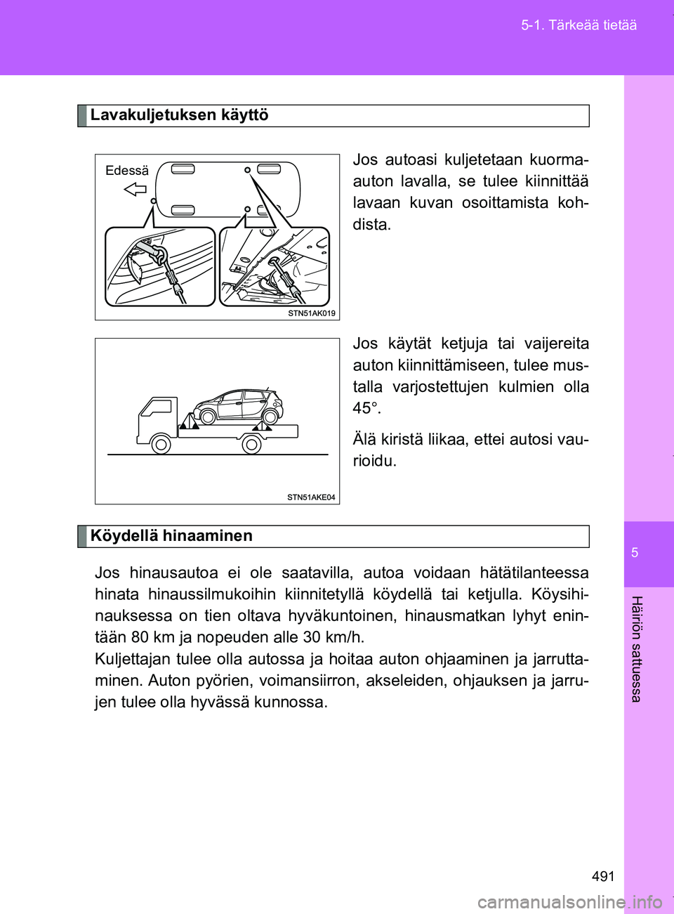 TOYOTA VERSO 2017 Omistajan Käsikirja (in Finnish) 5
491
5-1. Tärkeää tietää
Häiriön sattuessa
OM64517FI
Lavakuljetuksen käyttö
Jos autoasi kuljetetaan kuorma-
auton lavalla, se tulee kiinnittää
lavaan kuvan osoittamista koh-
dista.
Jos kä TOYOTA VERSO 2017 Omistajan Käsikirja (in Finnish) 5
491
5-1. Tärkeää tietää
Häiriön sattuessa
OM64517FI
Lavakuljetuksen käyttö
Jos autoasi kuljetetaan kuorma-
auton lavalla, se tulee kiinnittää
lavaan kuvan osoittamista koh-
dista.
Jos kä