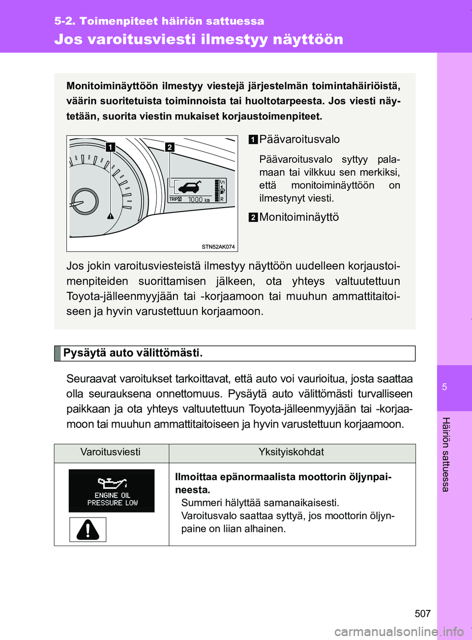 TOYOTA VERSO 2017 Omistajan Käsikirja (in Finnish) 5
507
5-2. Toimenpiteet häiriön sattuessa
Häiriön sattuessa
OM64517FI
Jos varoitusviesti ilmestyy näyttöön
Pysäytä auto välittömästi.Seuraavat varoitukset tarkoittavat, että auto voi vaur TOYOTA VERSO 2017 Omistajan Käsikirja (in Finnish) 5
507
5-2. Toimenpiteet häiriön sattuessa
Häiriön sattuessa
OM64517FI
Jos varoitusviesti ilmestyy näyttöön
Pysäytä auto välittömästi.Seuraavat varoitukset tarkoittavat, että auto voi vaur