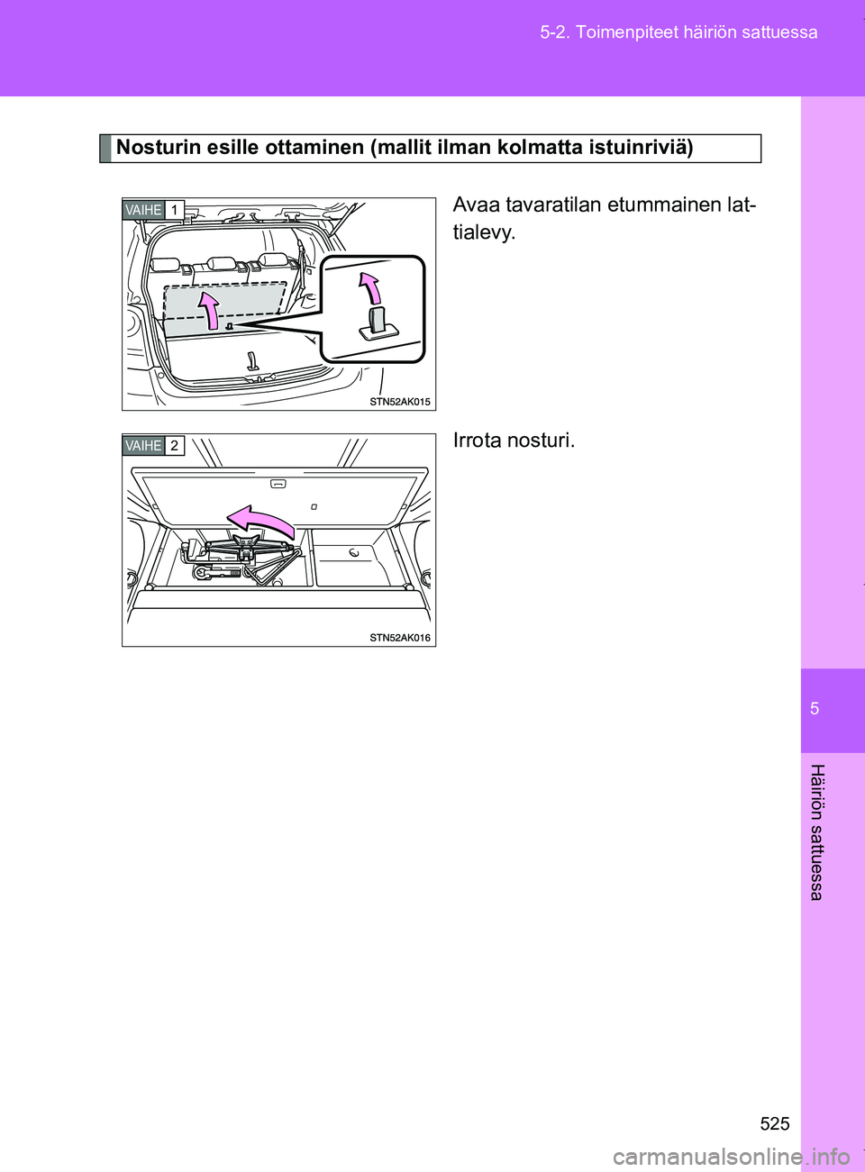 TOYOTA VERSO 2017  Omistajan Käsikirja (in Finnish) 5
525
5-2. Toimenpiteet häiriön sattuessa
Häiriön sattuessa
OM64517FI
Nosturin esille ottaminen (ma
llit ilman kolmatta istuinriviä)
Avaa tavaratilan etummainen lat-
tialevy.
Irrota nosturi.
VAIH